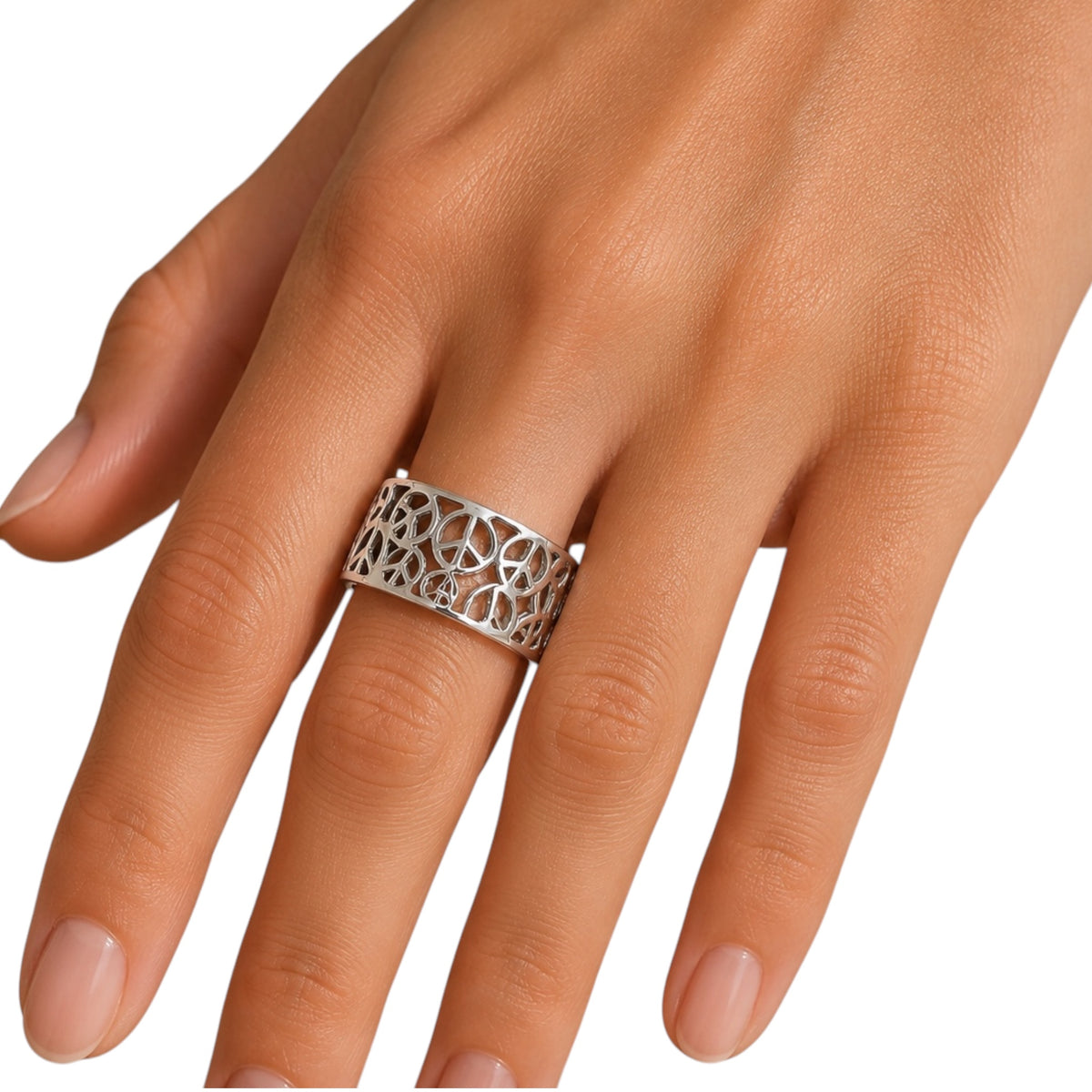 Sterling Silver Wide Band Peace Sign Ring
