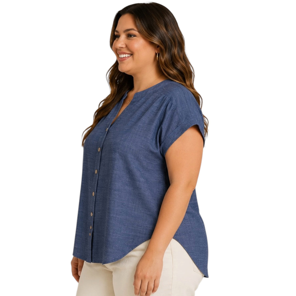 Navy Plus Cuffed Sleeve Button Down Top