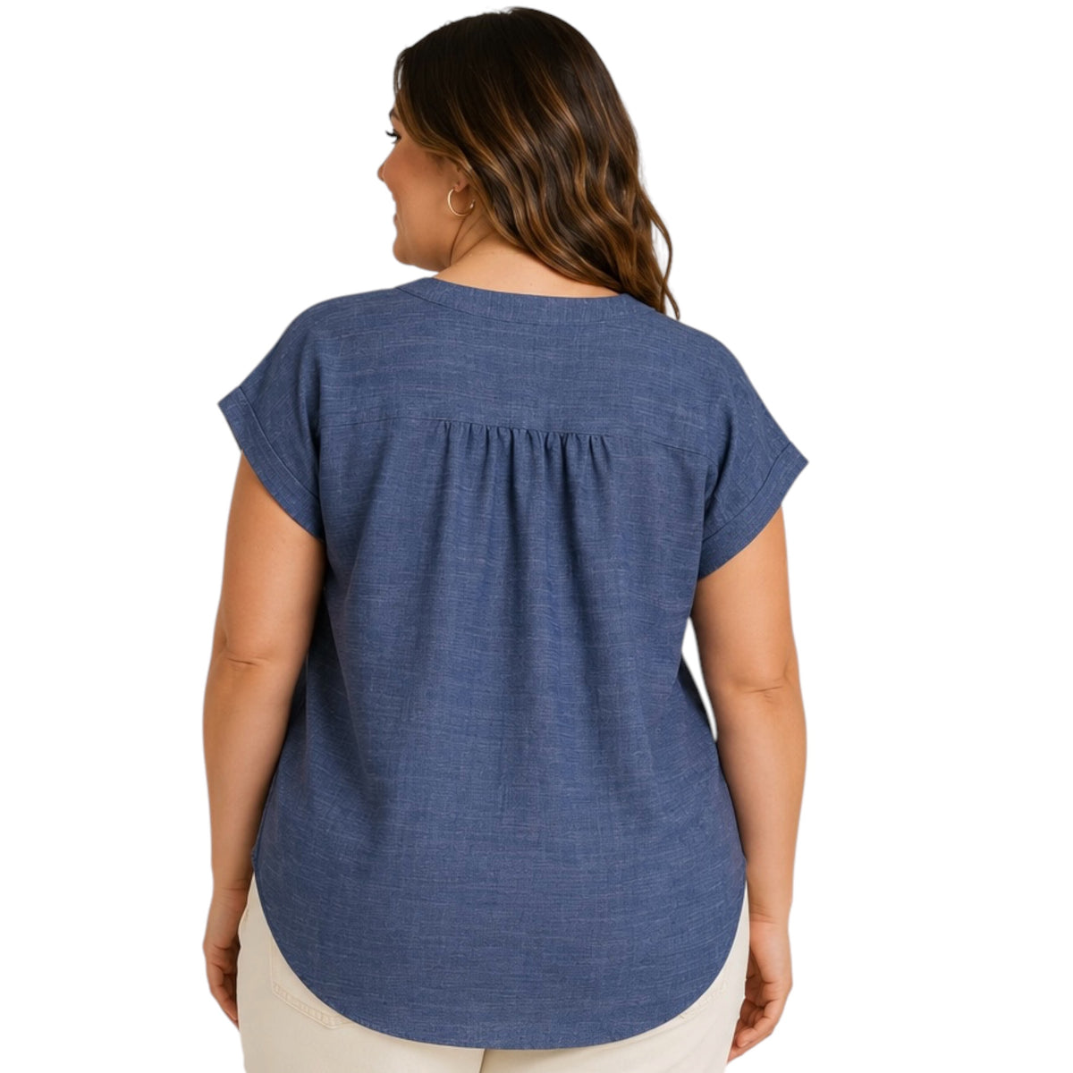 Navy Plus Cuffed Sleeve Button Down Top