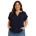 Navy Plus Split Neck Back Button Short Fold Sleeve Top