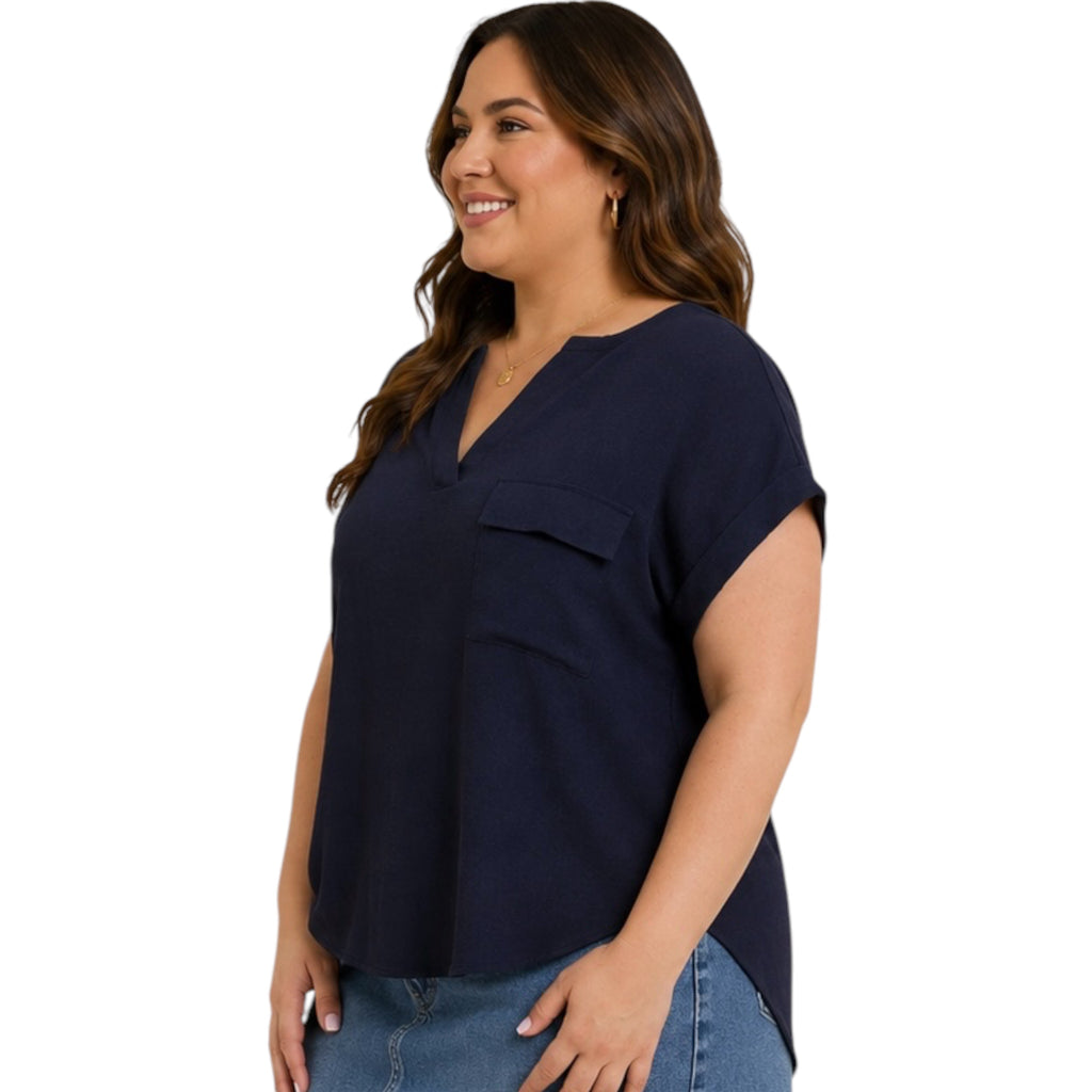 Navy Plus Split Neck Back Button Short Fold Sleeve Top