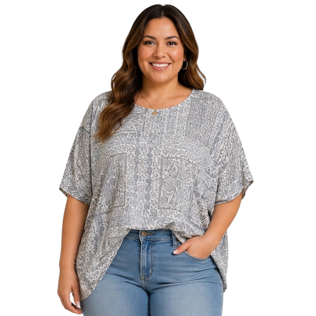 Curvy Grey Print Knit Top