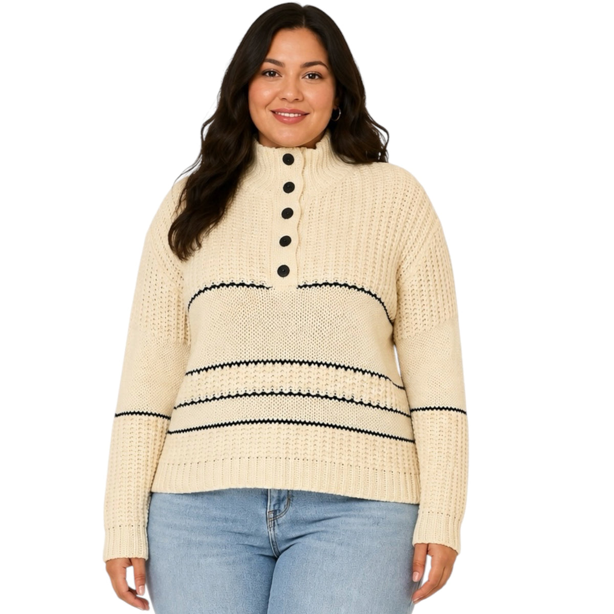 Cream Button Up Knit Sweater With Contrast Stripes