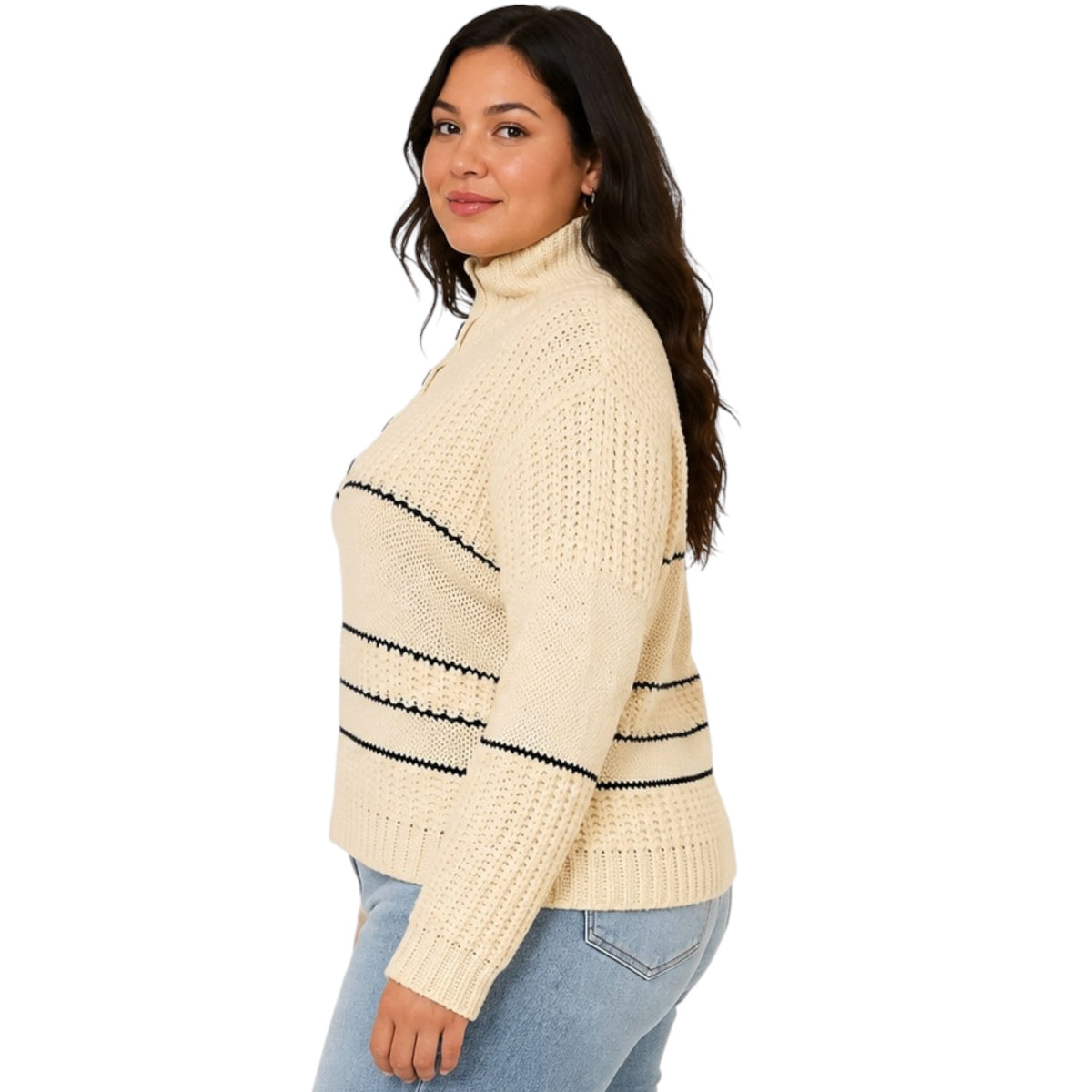 Cream Button Up Knit Sweater With Contrast Stripes