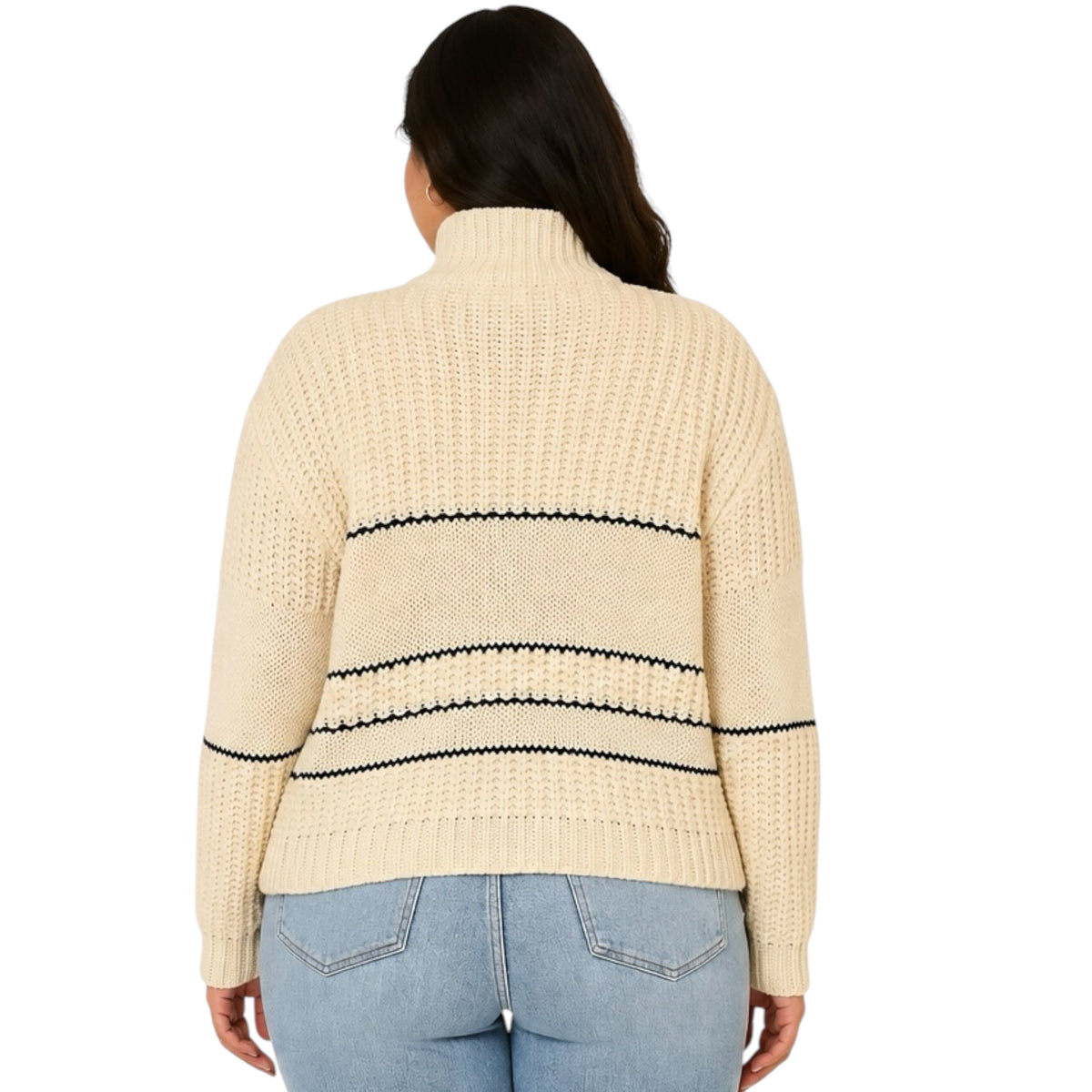 Cream Button Up Knit Sweater With Contrast Stripes