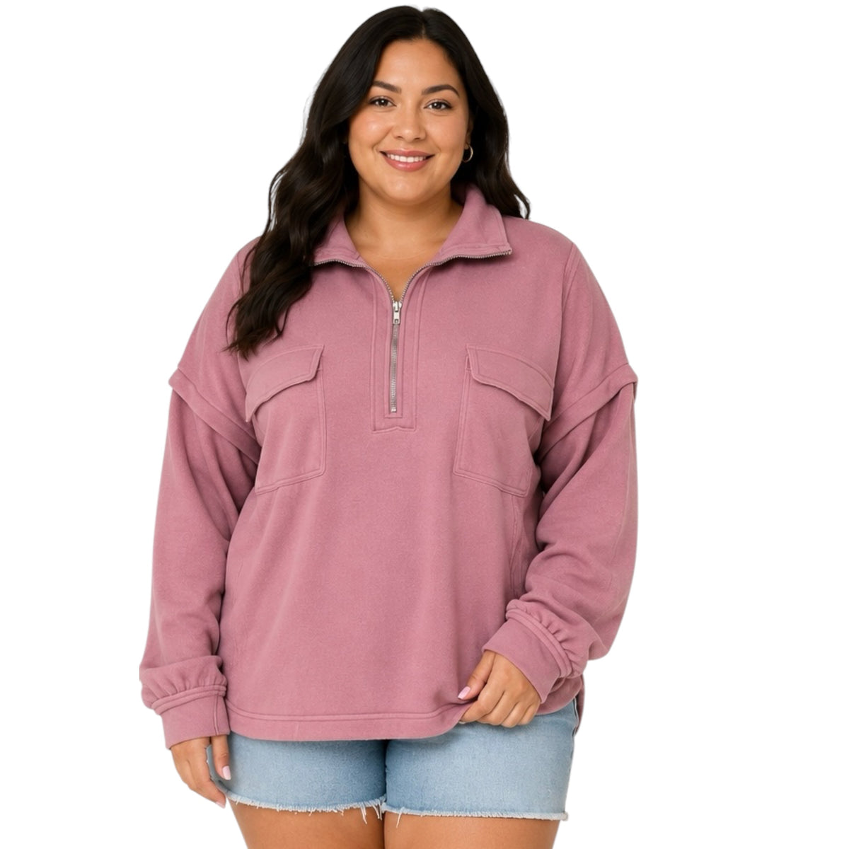 Curvy Mauve Mock Neck Quarter Zip Sweatshirt