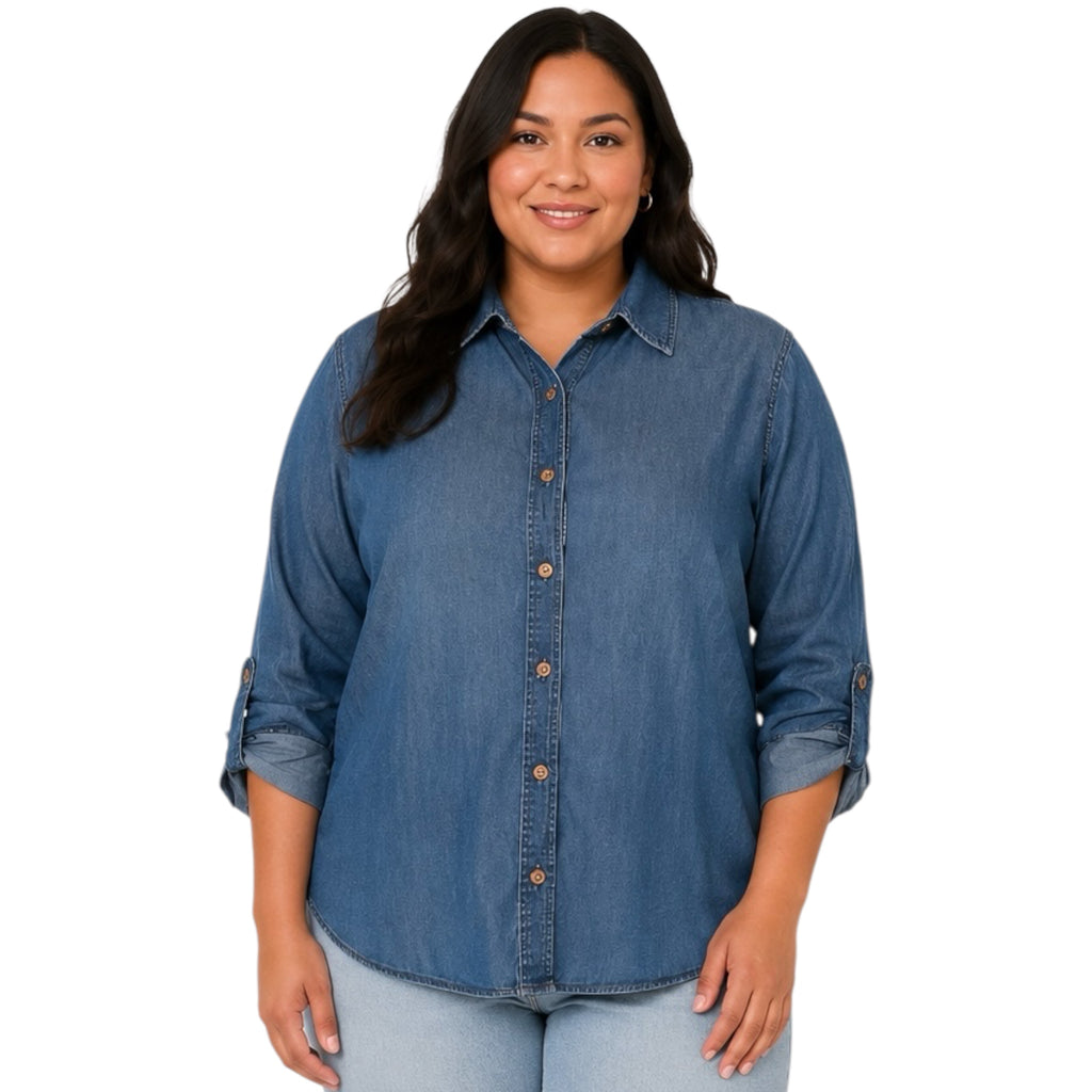 Plus Chambray Button Up Top with Roll Tab Sleeves