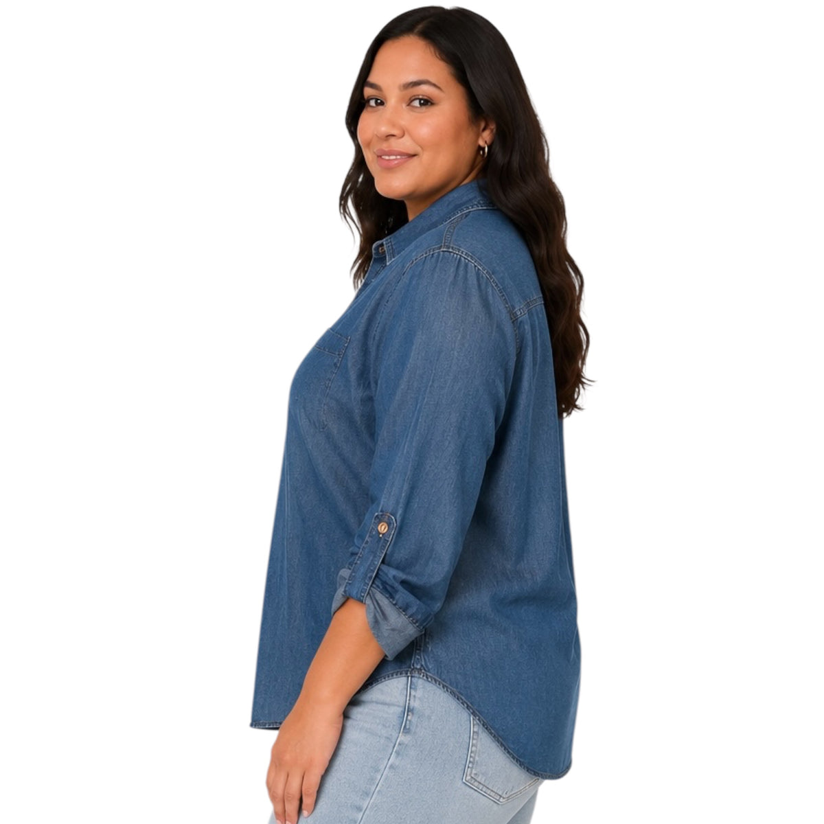 Plus Chambray Button Up Top with Roll Tab Sleeves