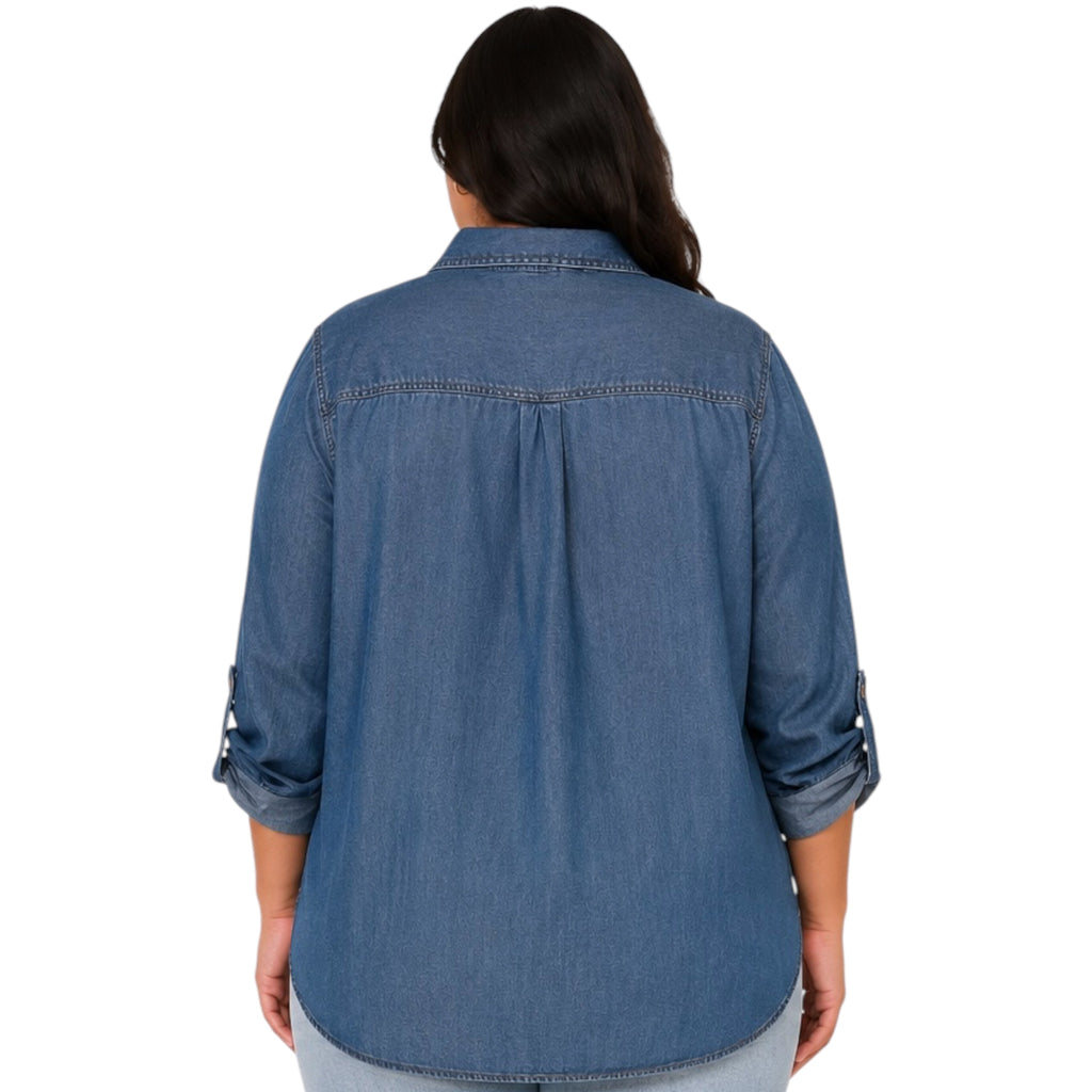 Plus Chambray Button Up Top with Roll Tab Sleeves
