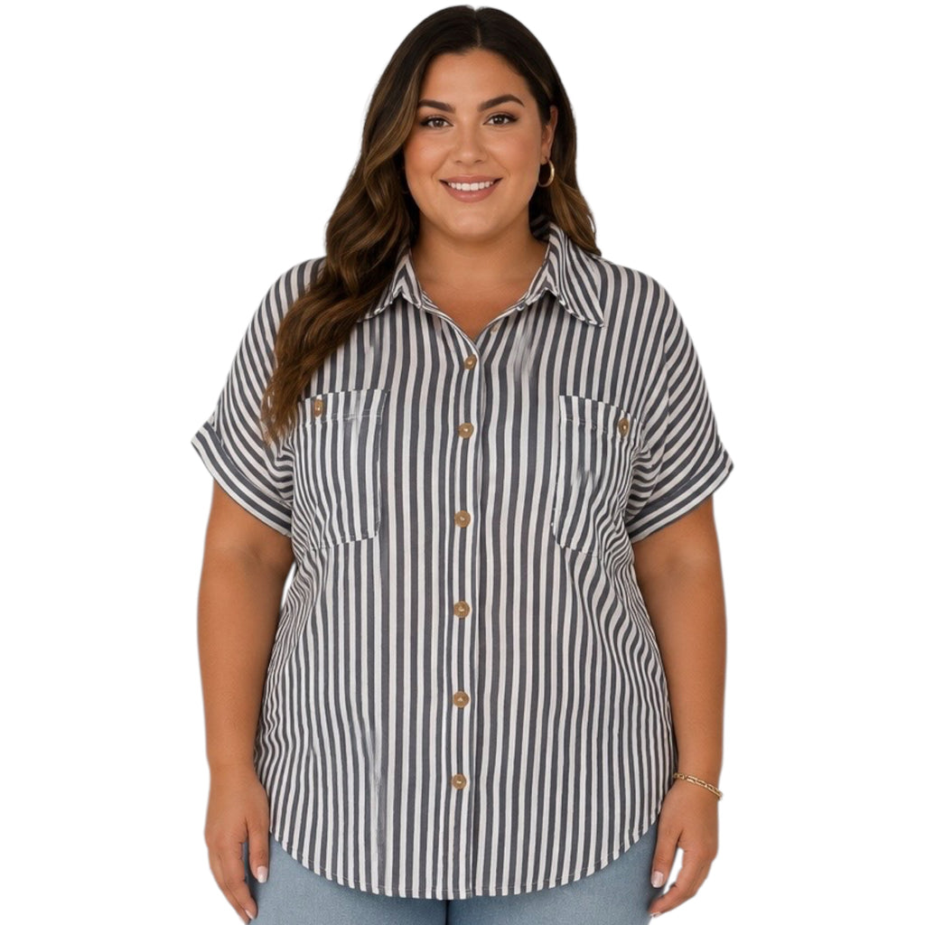 Plus Charcoal Stripe Collared Short Sleeve Button Down Top