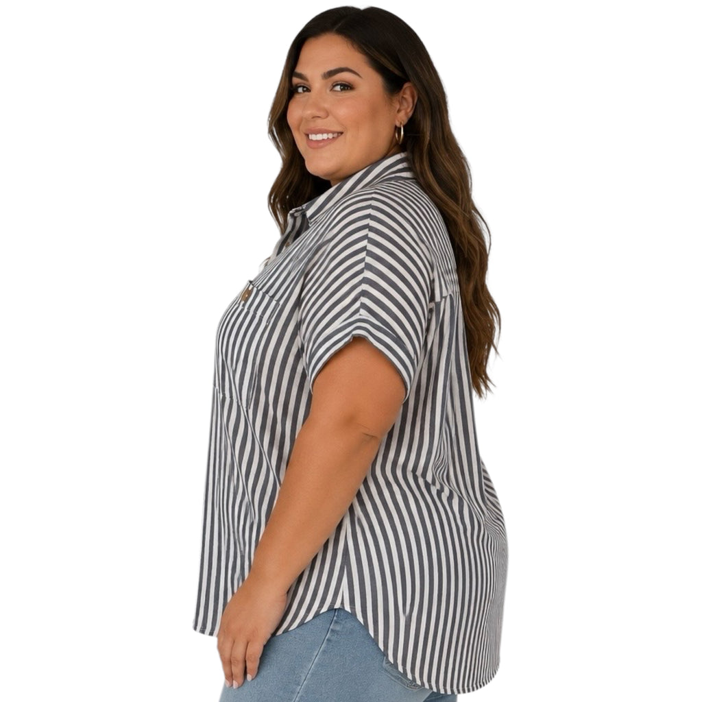 Plus Charcoal Stripe Collared Short Sleeve Button Down Top