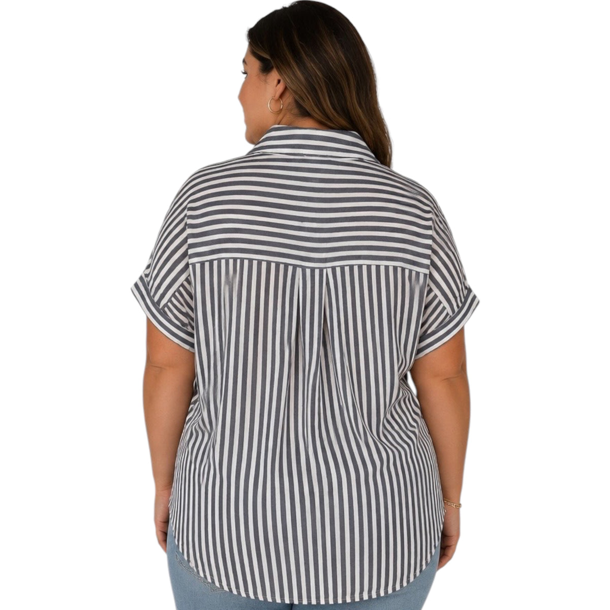 Plus Charcoal Stripe Collared Short Sleeve Button Down Top