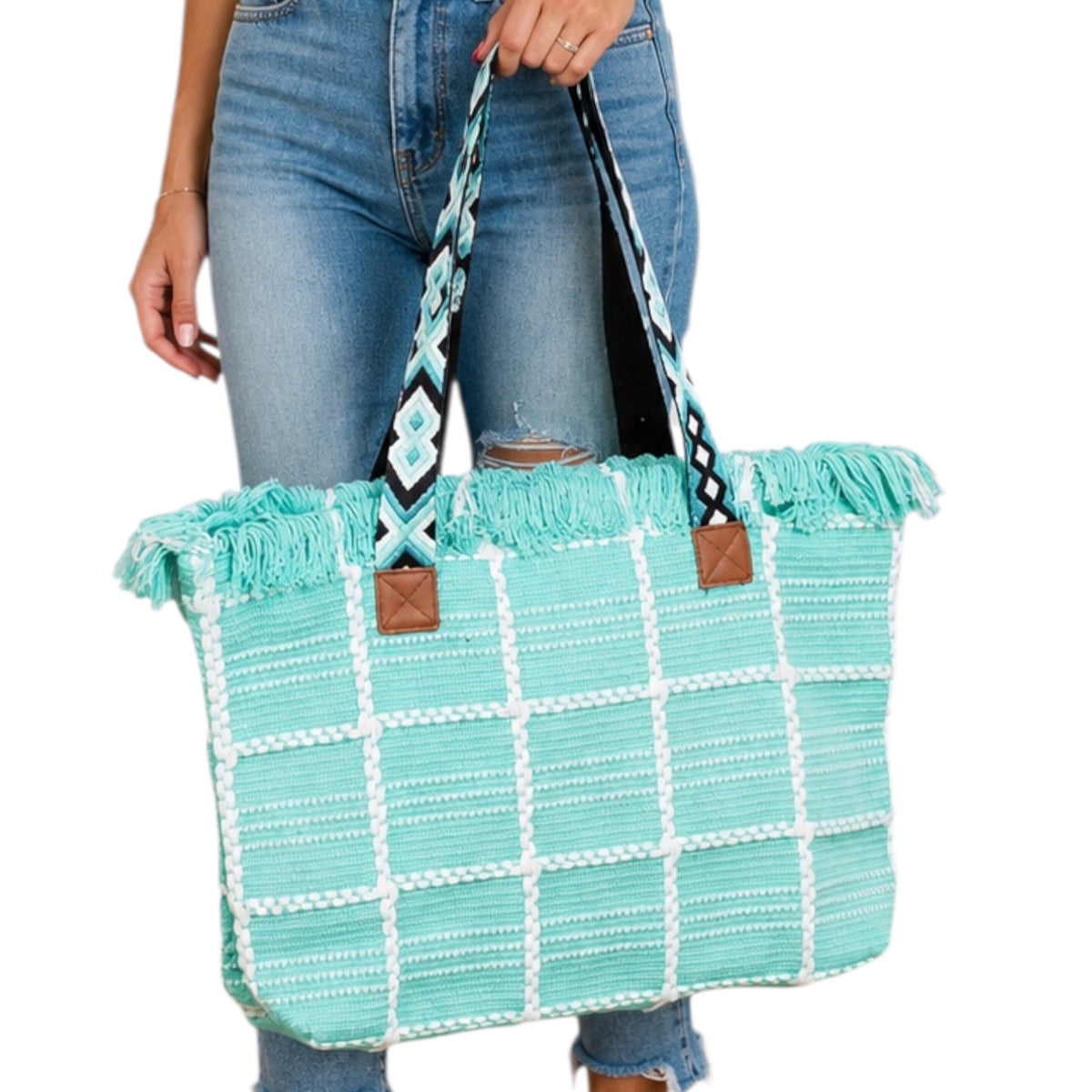 Woven Cotton Checkered Tote Bag-Teal White