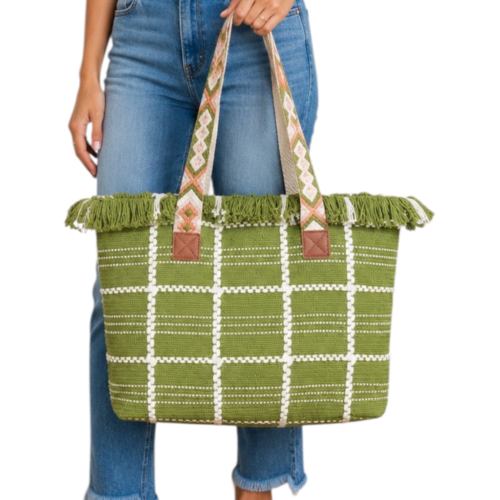 Woven Cotton Checkered Tote Bag-Green White