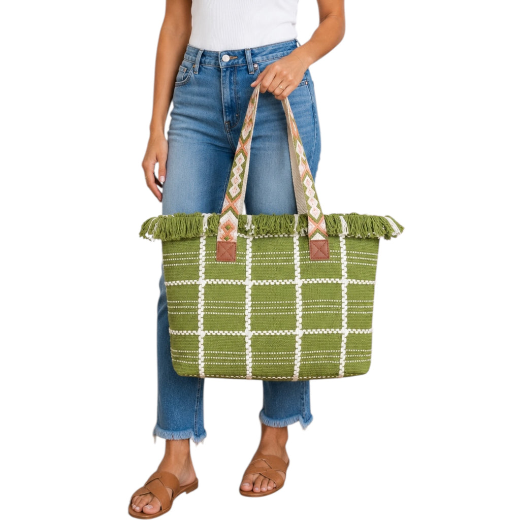 Woven Cotton Checkered Tote Bag-Green White