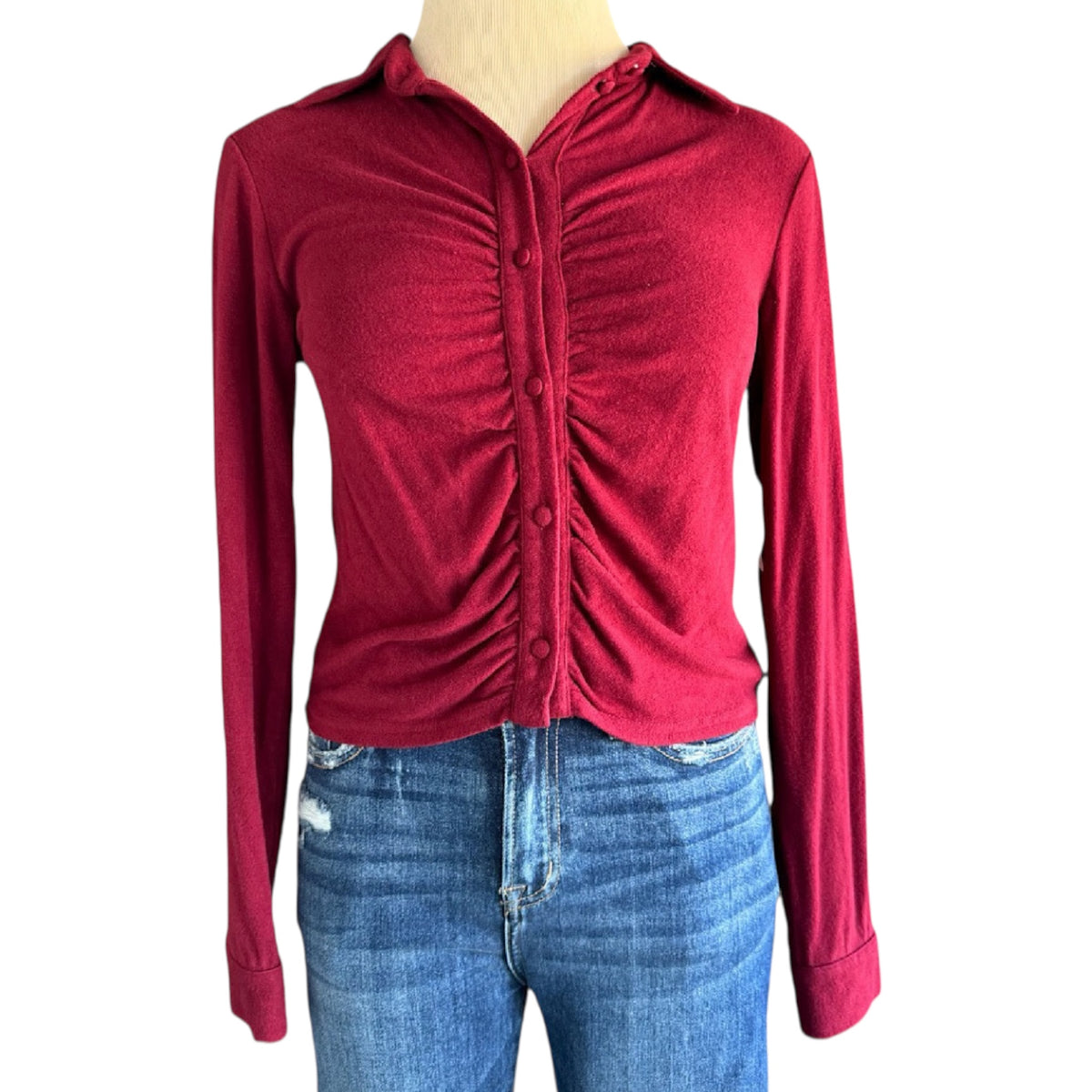 She + Sky Burgundy Ruched Button Front Crop Top Size Small-RF