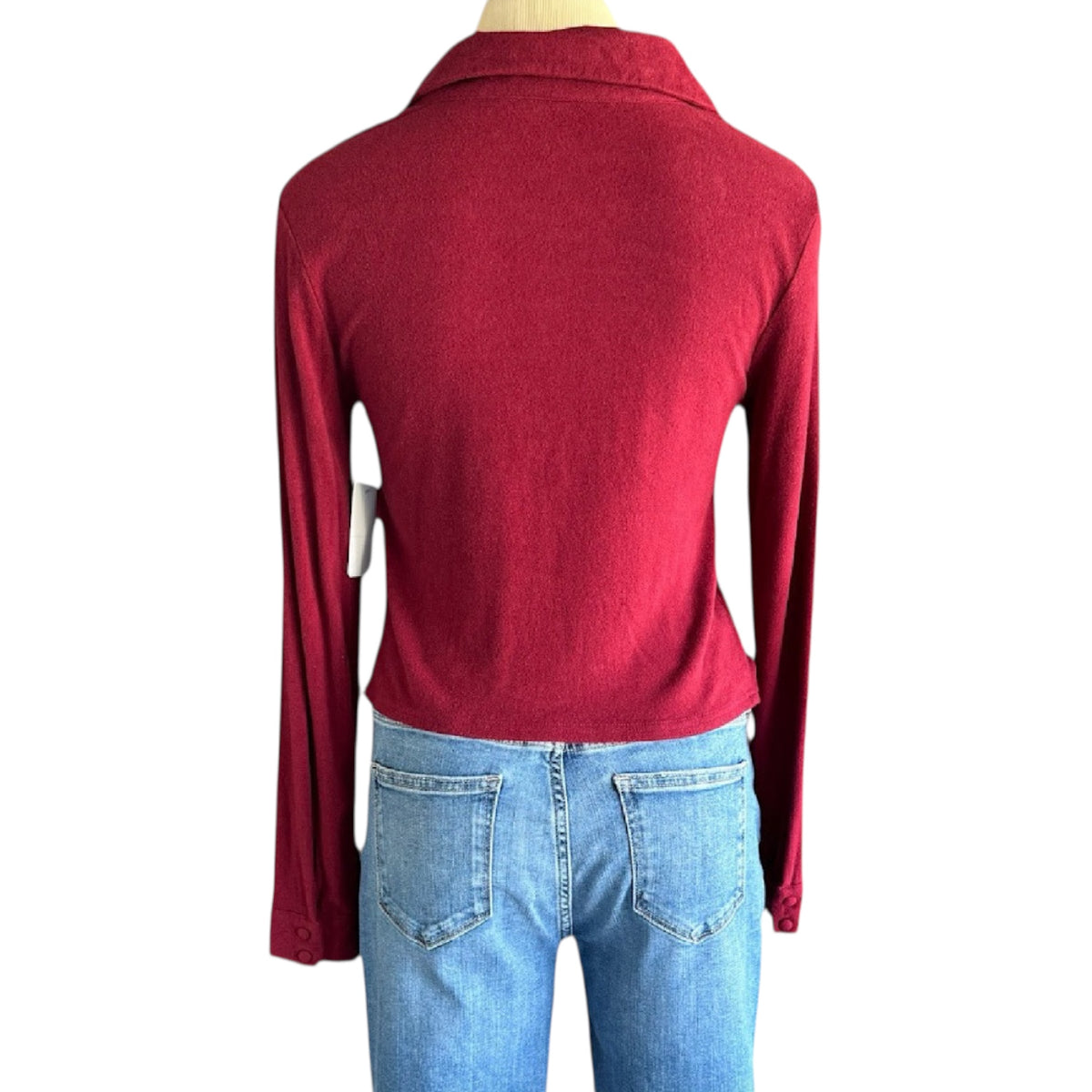 She + Sky Burgundy Ruched Button Front Crop Top Size Small-RF