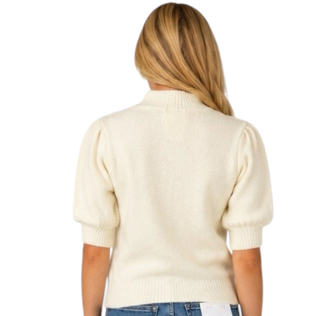 Cream Short Sleeve Ribbed Sweater Top with Puff Sleeves