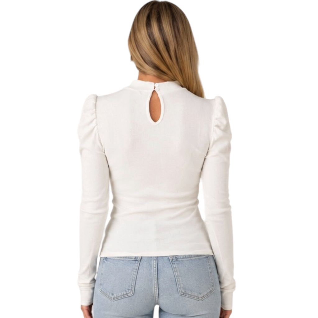 Off White Puff-Sleeve Fitted Top With Keyhole Back