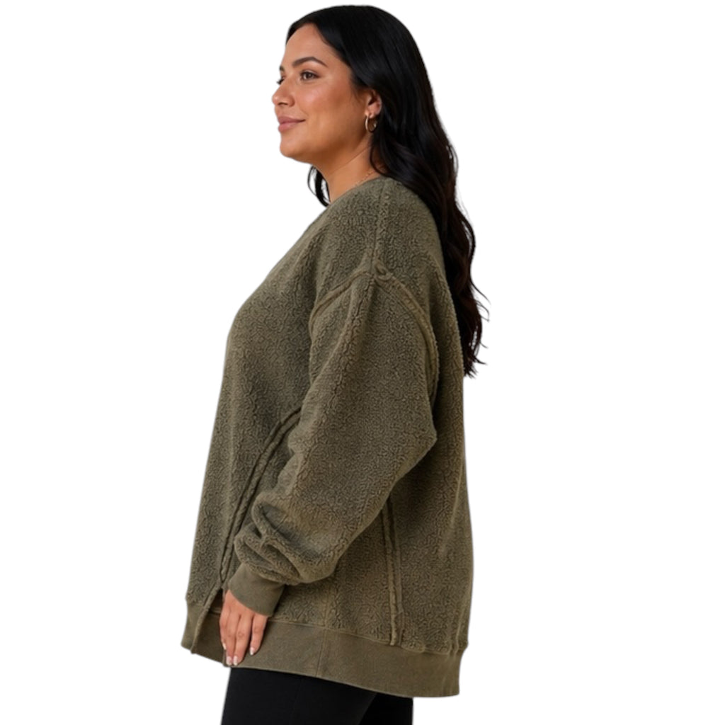 Olive Oversized Casual Solid Fleece Top