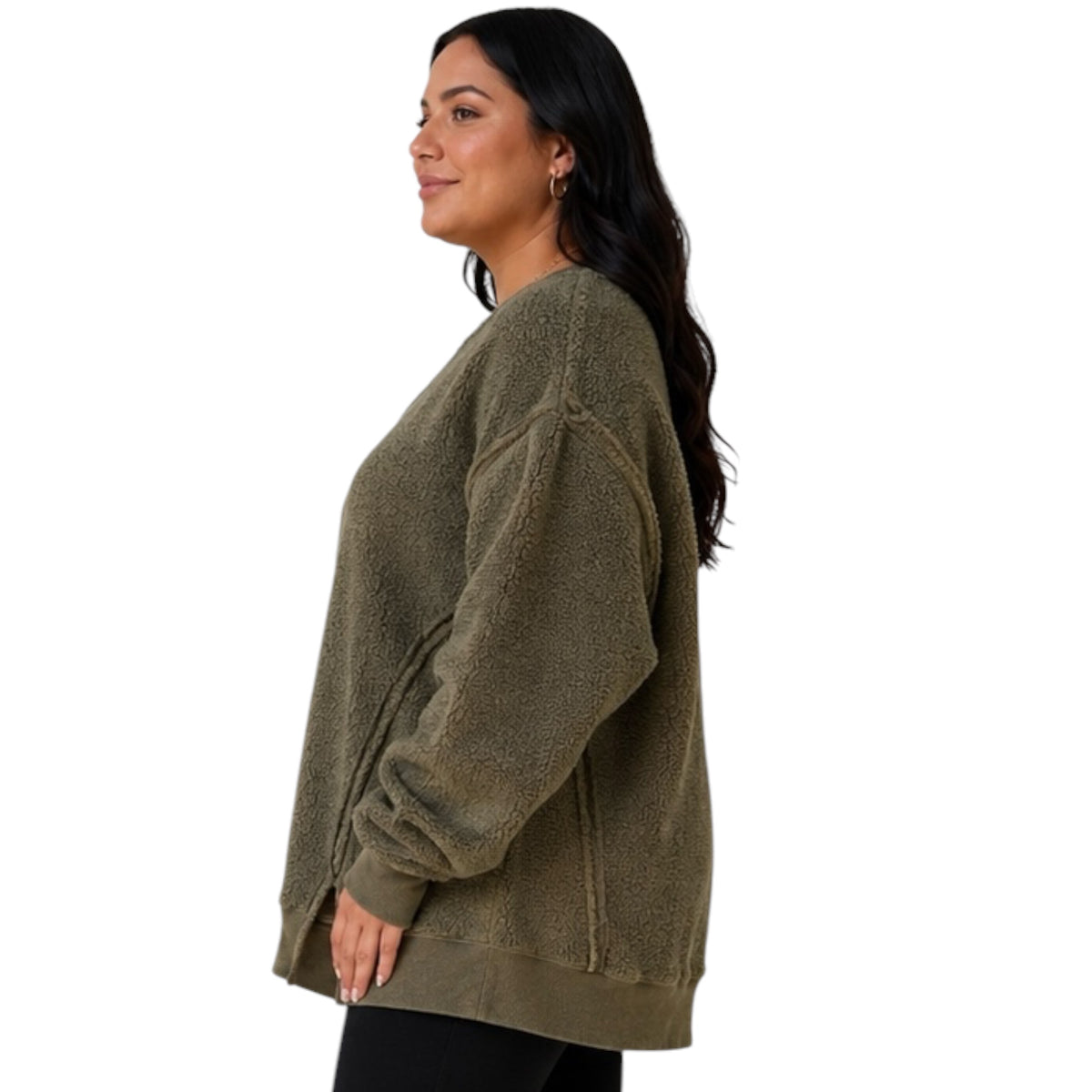 Olive Oversized Casual Solid Fleece Top
