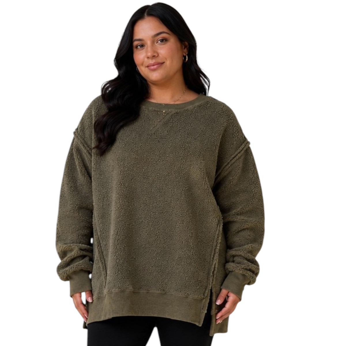 Olive Oversized Casual Solid Fleece Top