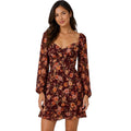 Burgundy Floral Sweetheart Long Sleeve Back Tie Mini Dress