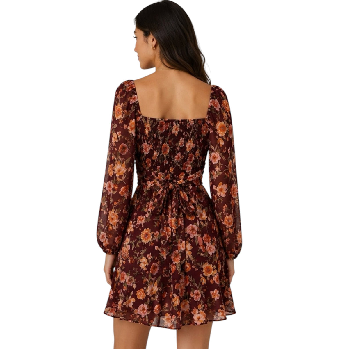Burgundy Floral Sweetheart Long Sleeve Back Tie Mini Dress