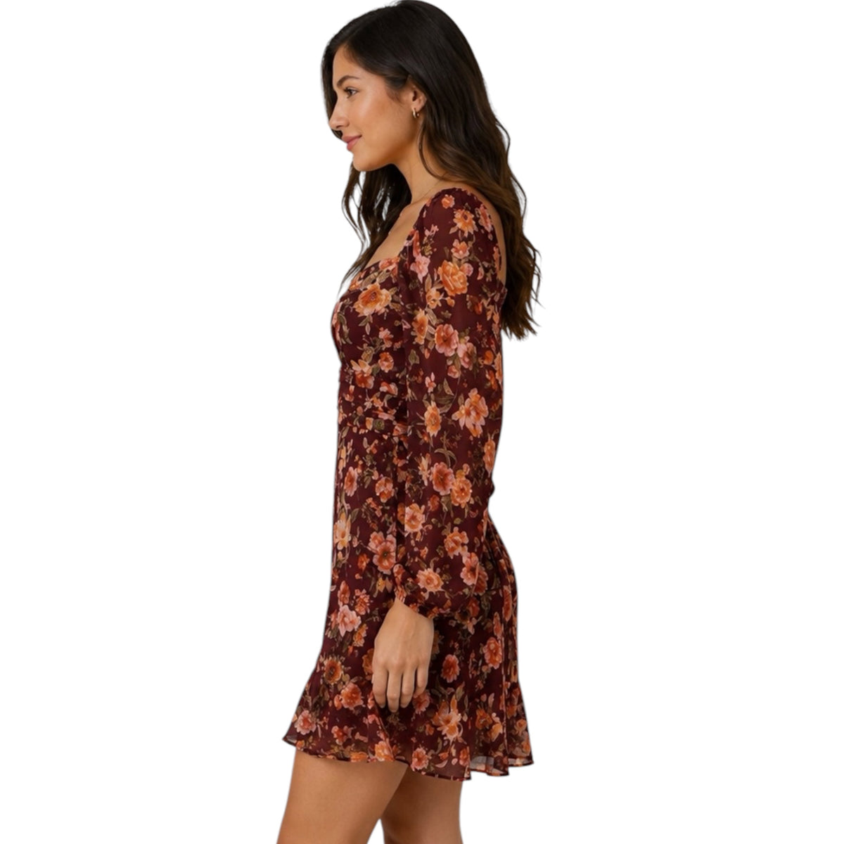 Burgundy Floral Sweetheart Long Sleeve Back Tie Mini Dress