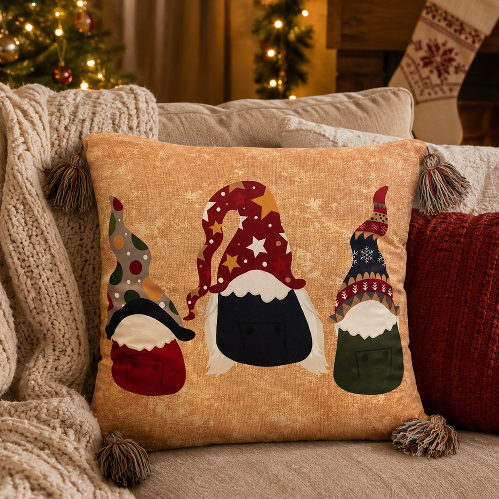 Tis The Season Quilted Gnome Throw Pillow Tan