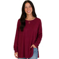 Burgundy Round Neck Terry Brushed Sweater Top with Side Slits