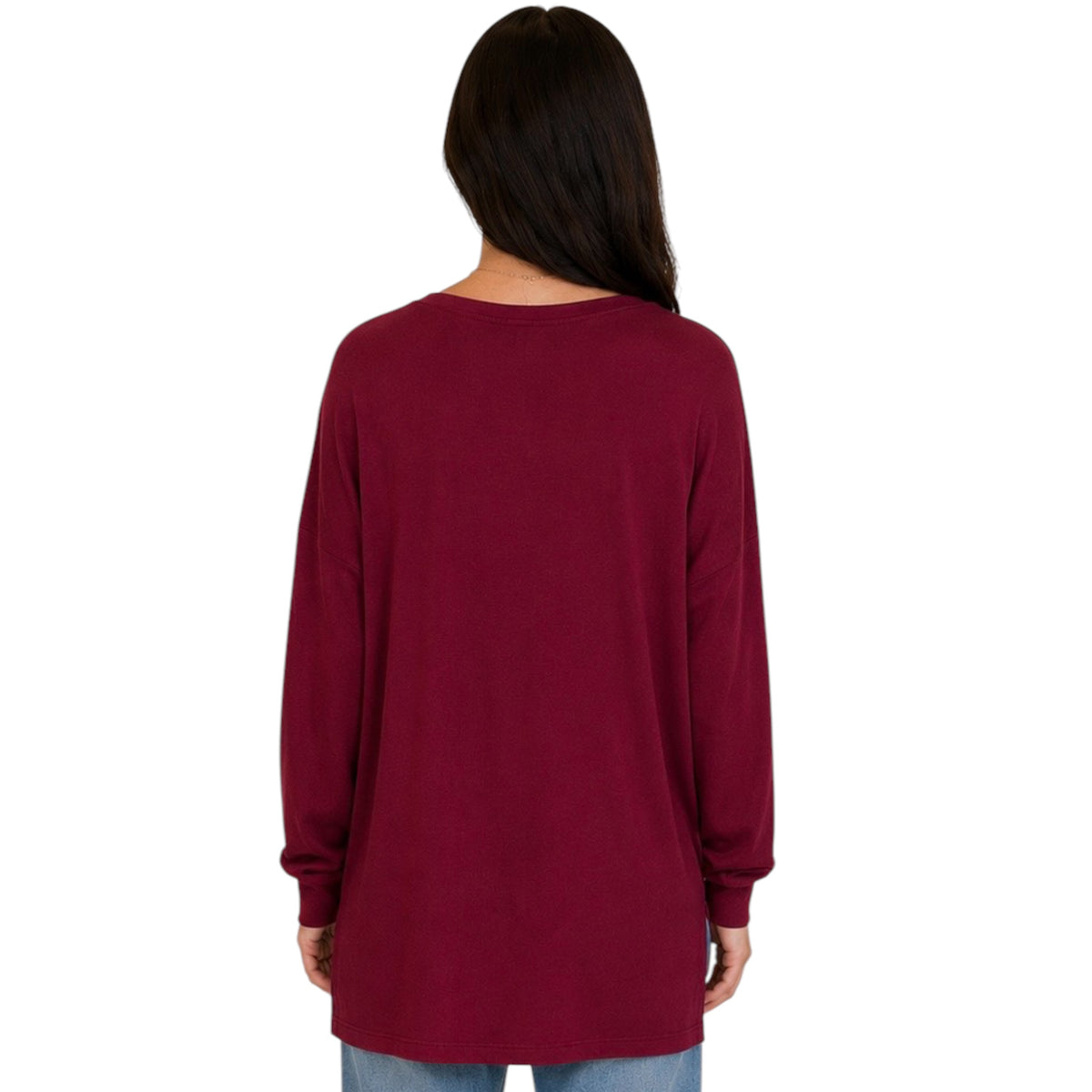 Burgundy Round Neck Terry Brushed Sweater Top with Side Slits