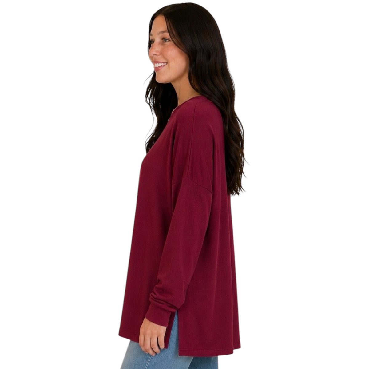 Burgundy Round Neck Terry Brushed Sweater Top with Side Slits