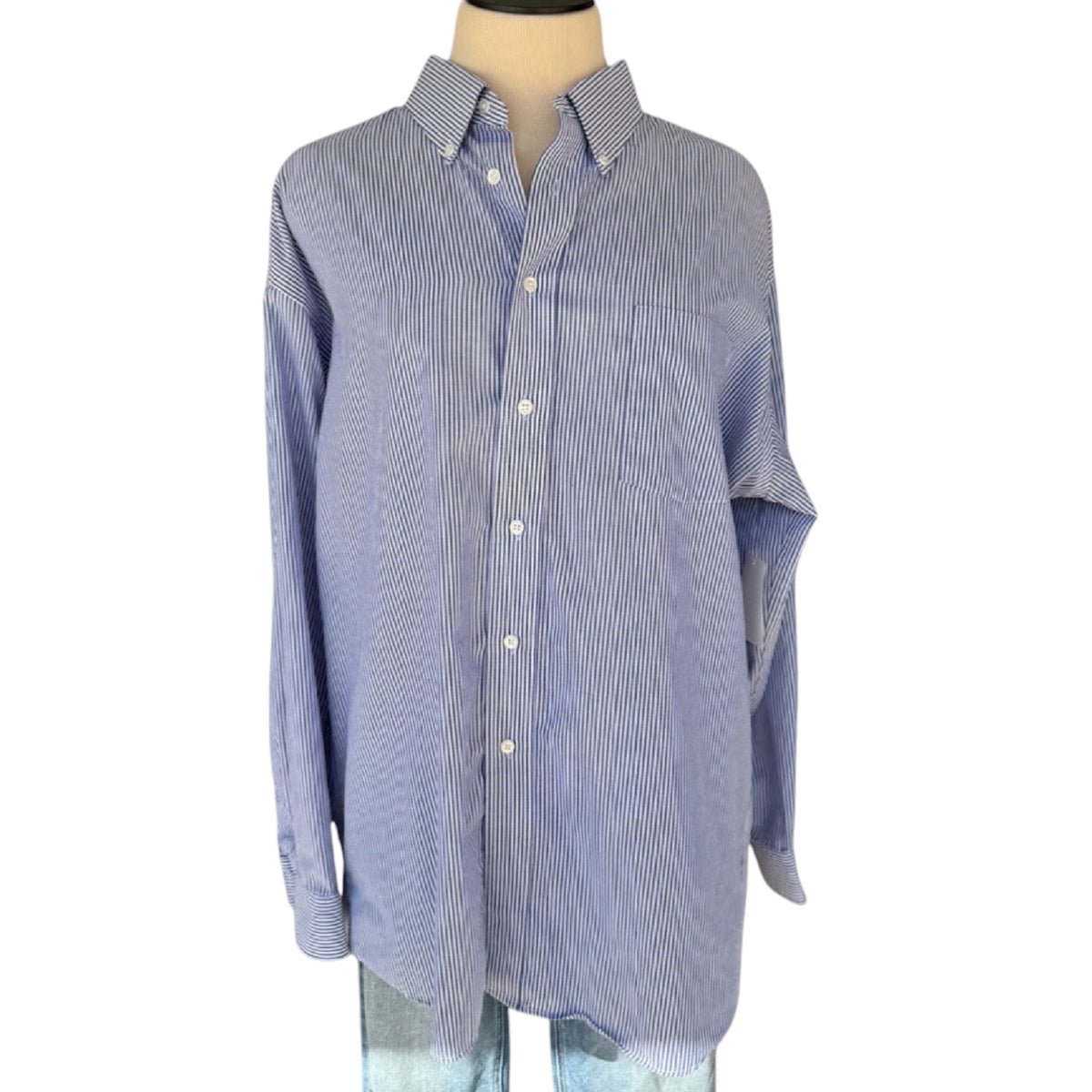 Van Heusen Blue Pinstriped Button Up Dress Shirt Size XL-RF