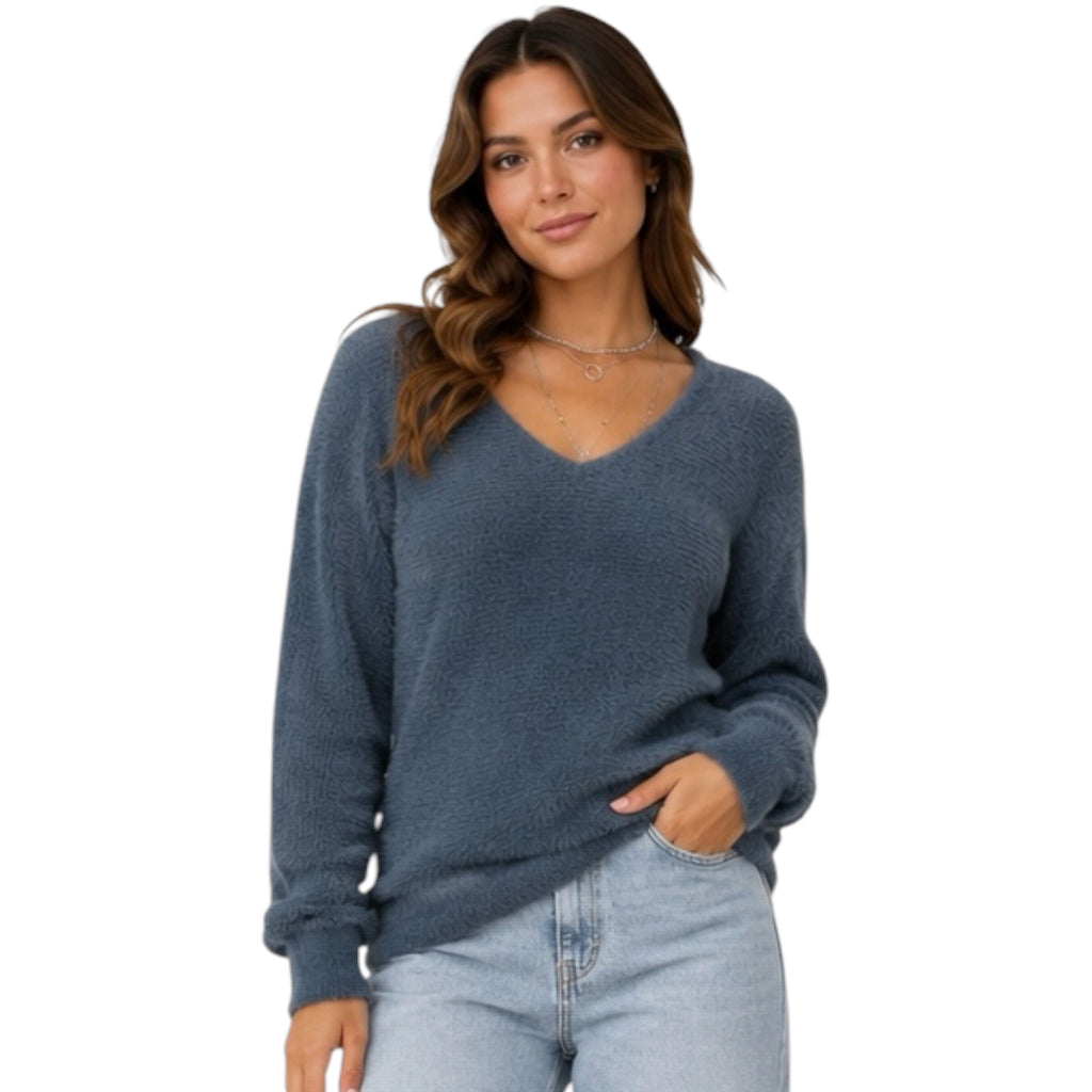 Slate Fuzzy V Neck Sweater