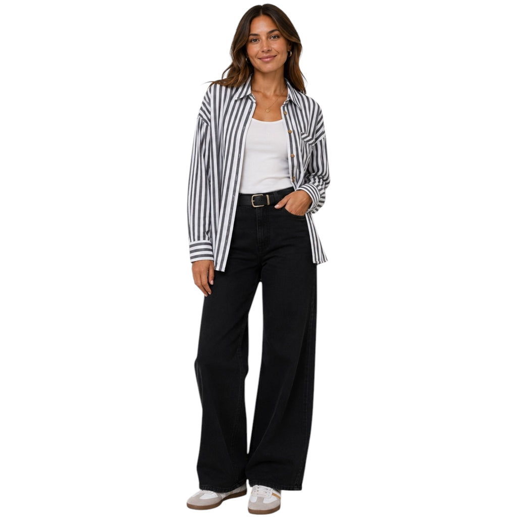 Black Stripe Collared Button Down Long Sleeve Shirt