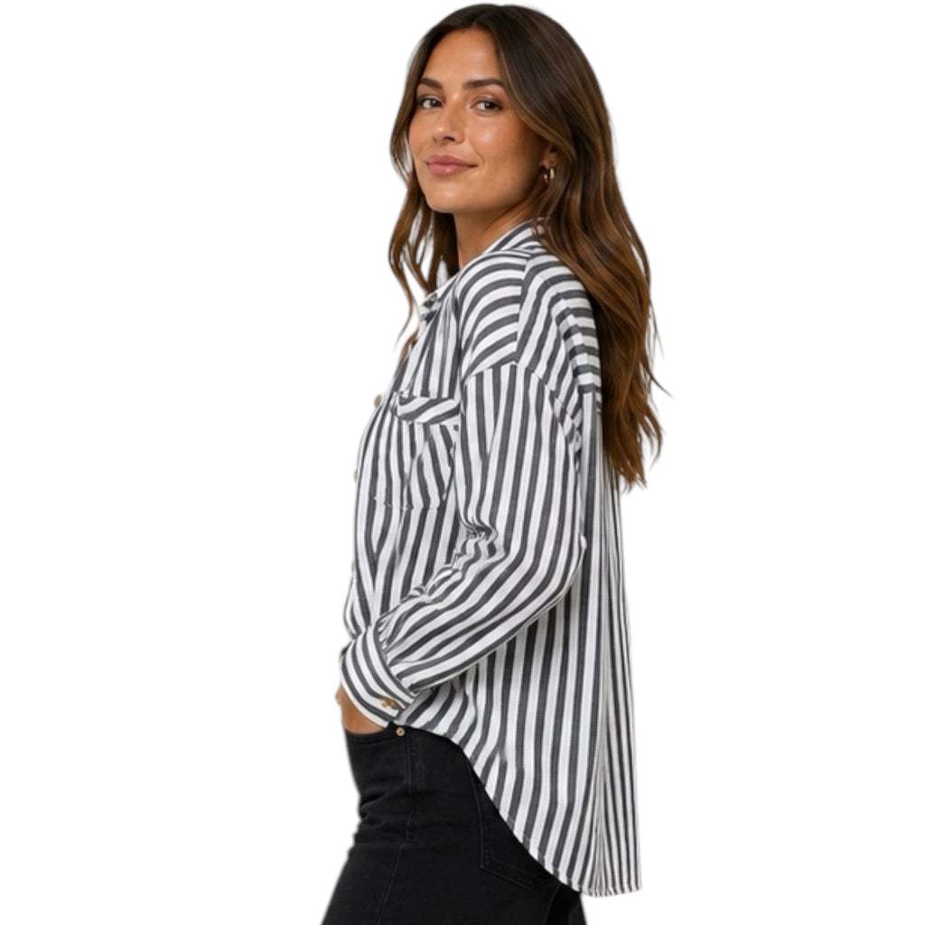 Black Stripe Collared Button Down Long Sleeve Shirt