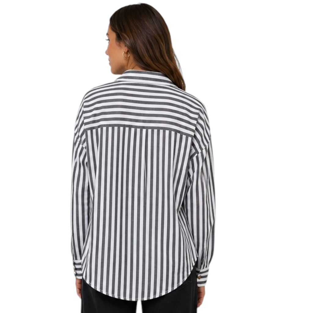 Black Stripe Collared Button Down Long Sleeve Shirt