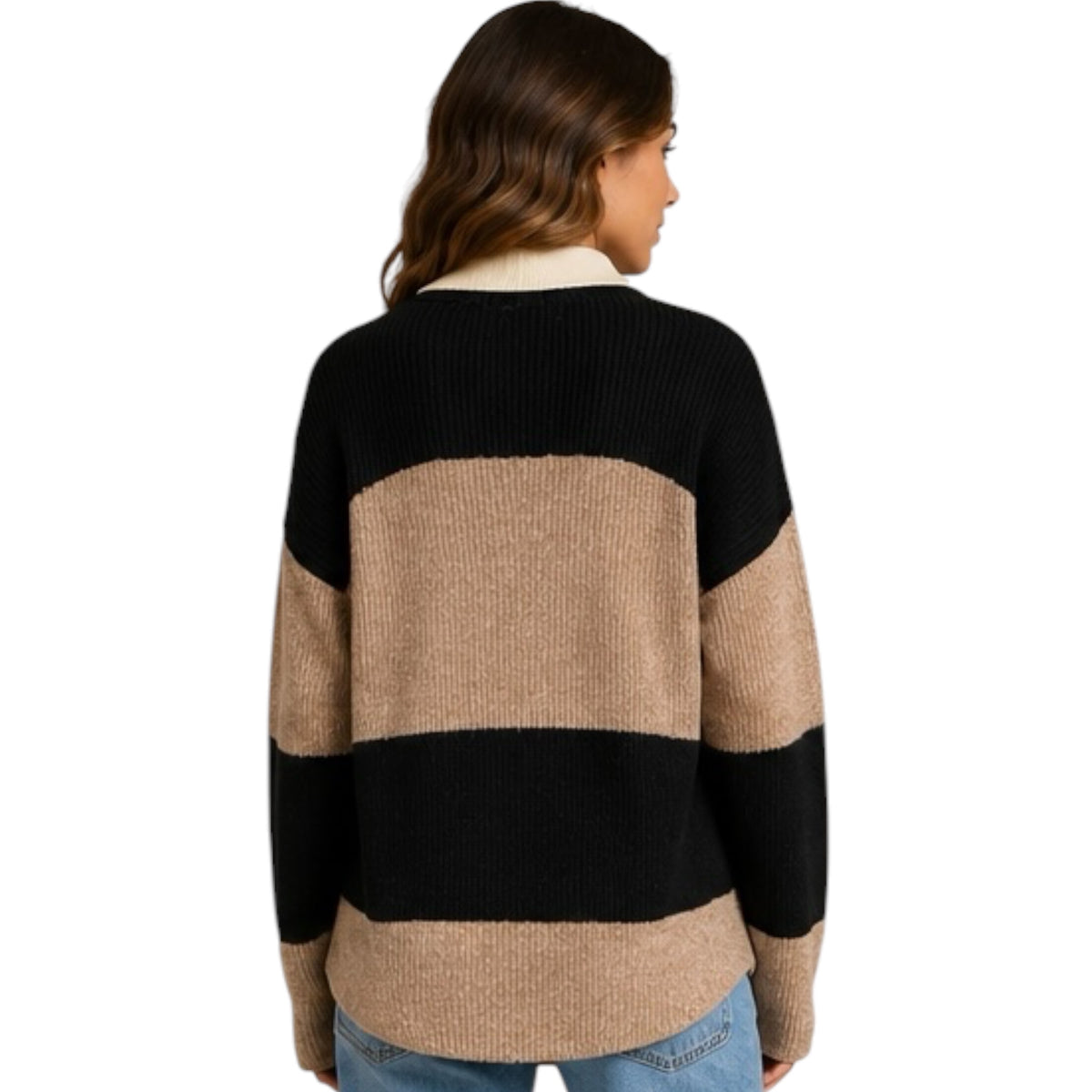 Khaki Wide Stripe Contrast Collar Polo Sweater