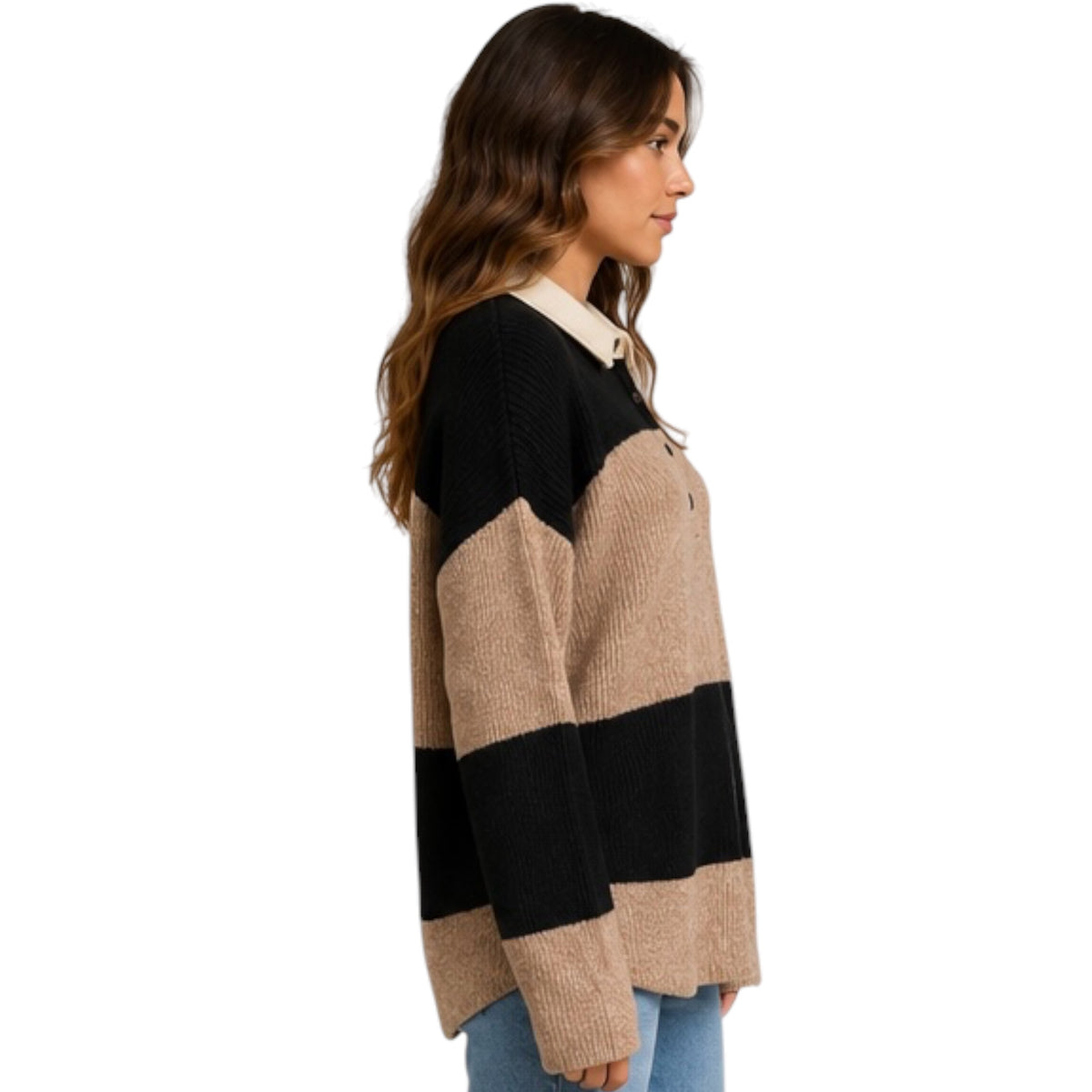 Khaki Wide Stripe Contrast Collar Polo Sweater