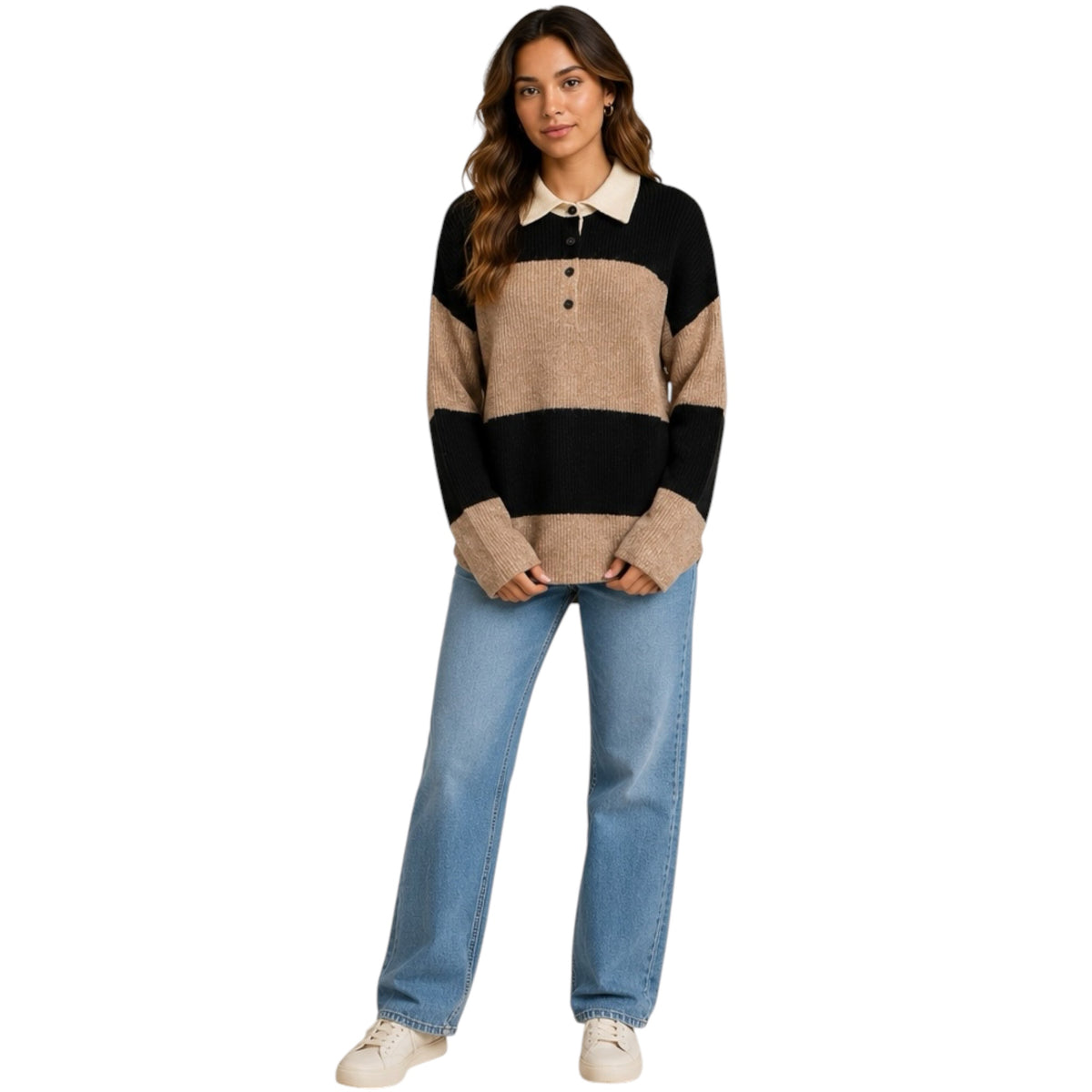Khaki Wide Stripe Contrast Collar Polo Sweater