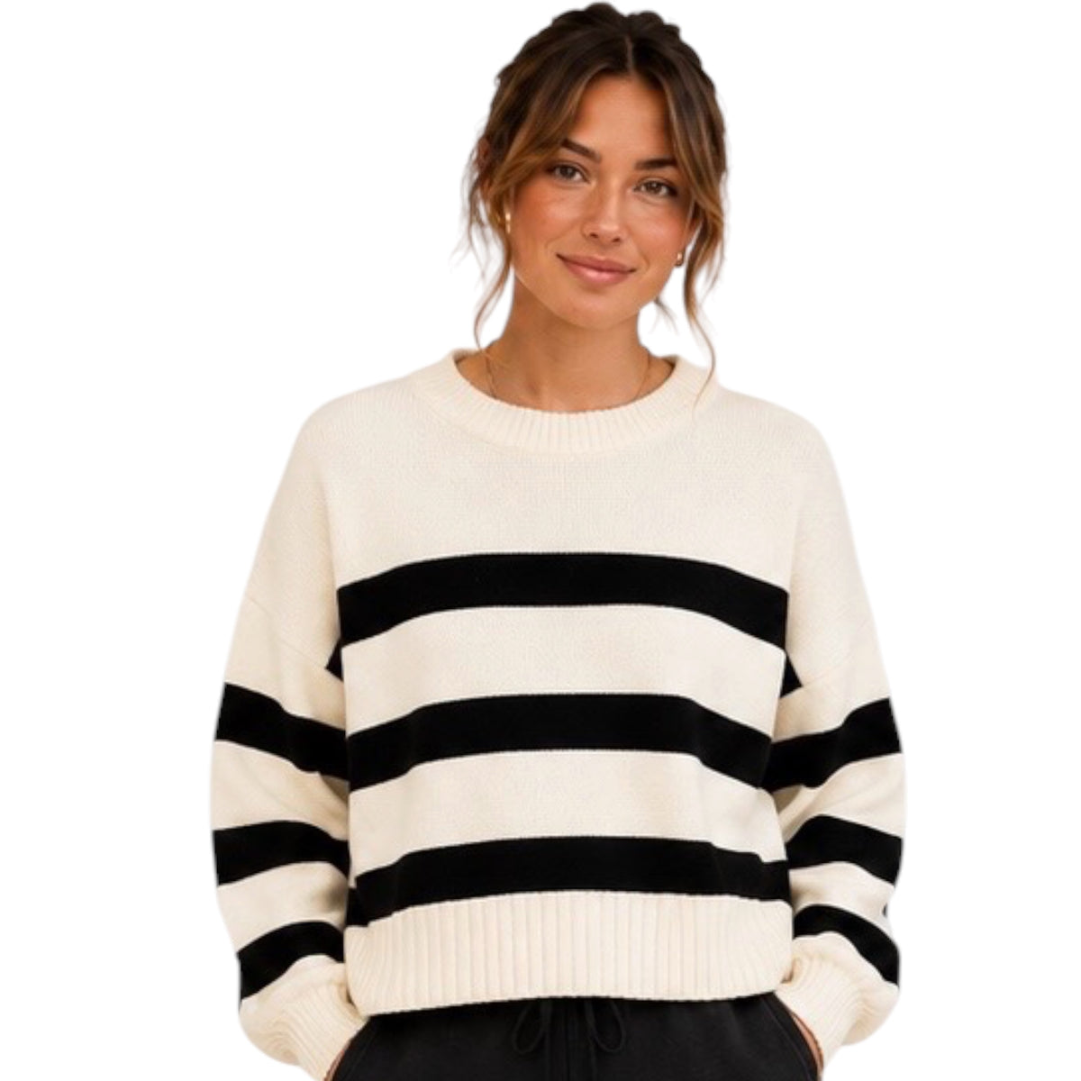 Cream/Black Striped Crew Neck Sweater