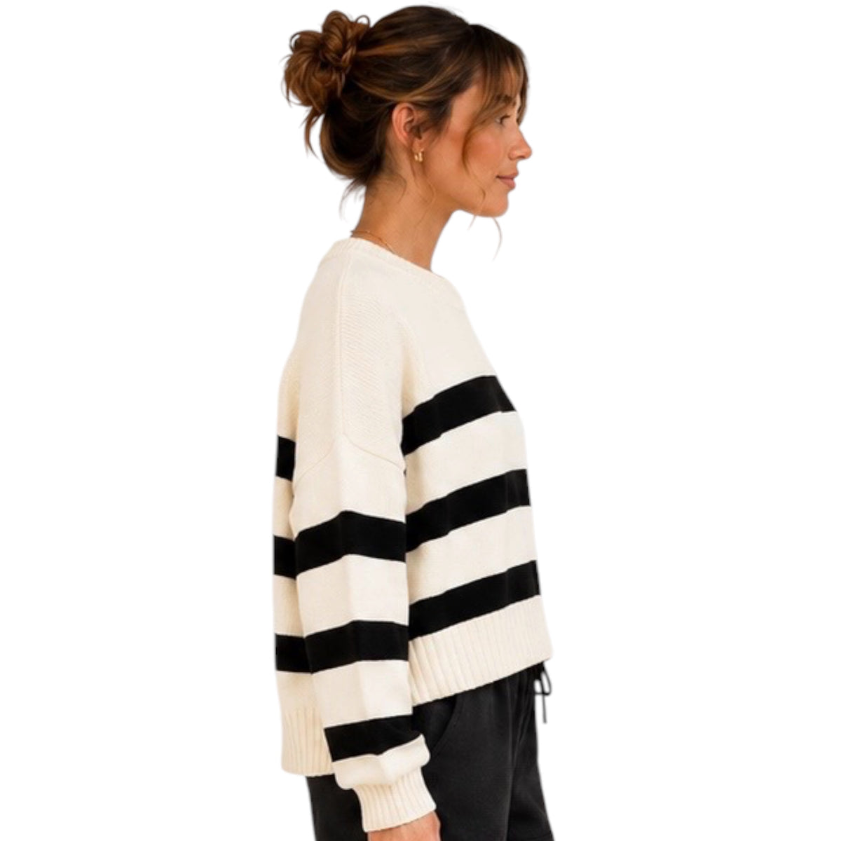 Cream/Black Striped Crew Neck Sweater