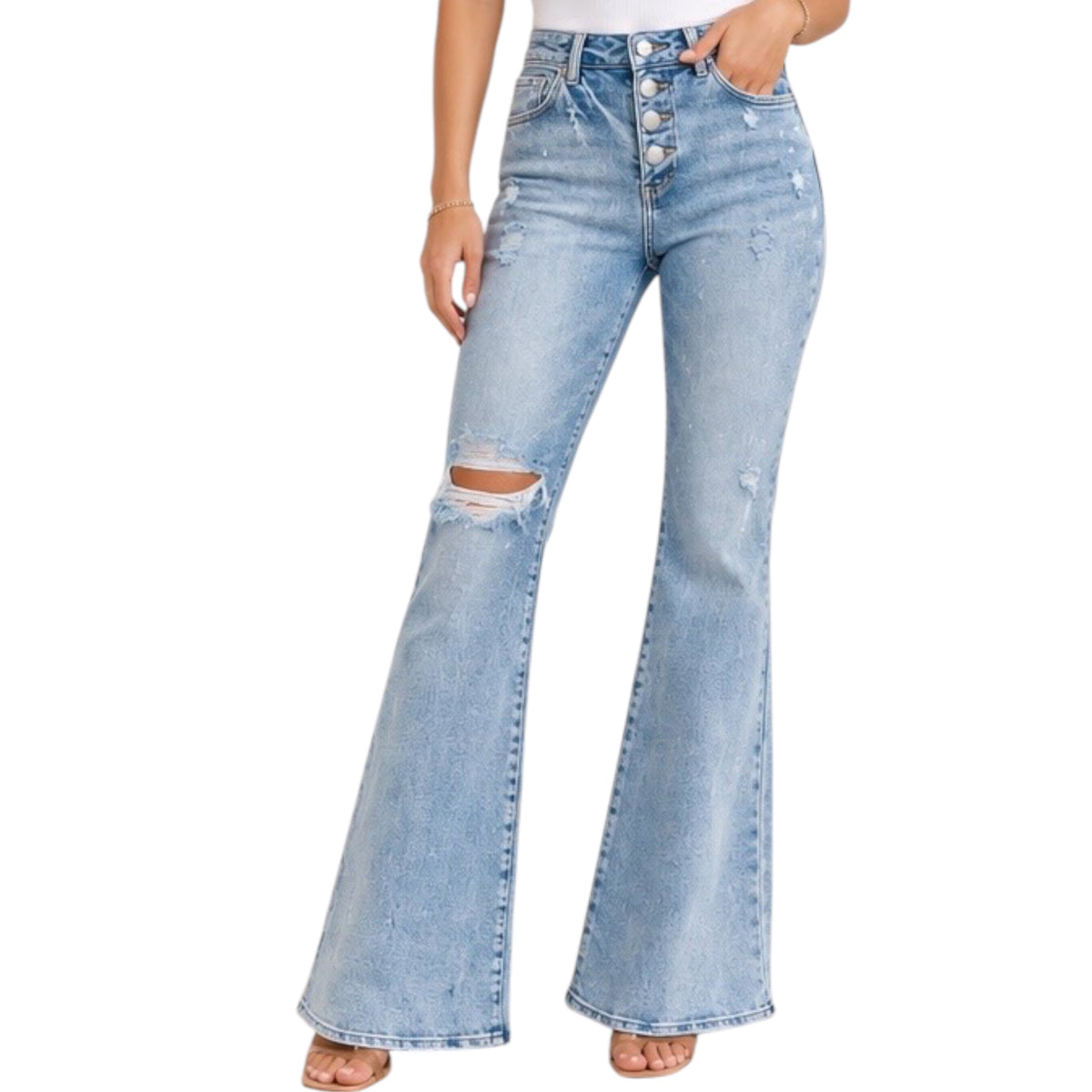 RISEN RDP5415 Light Wash Mid- Rise Flare- Button Down Jeans