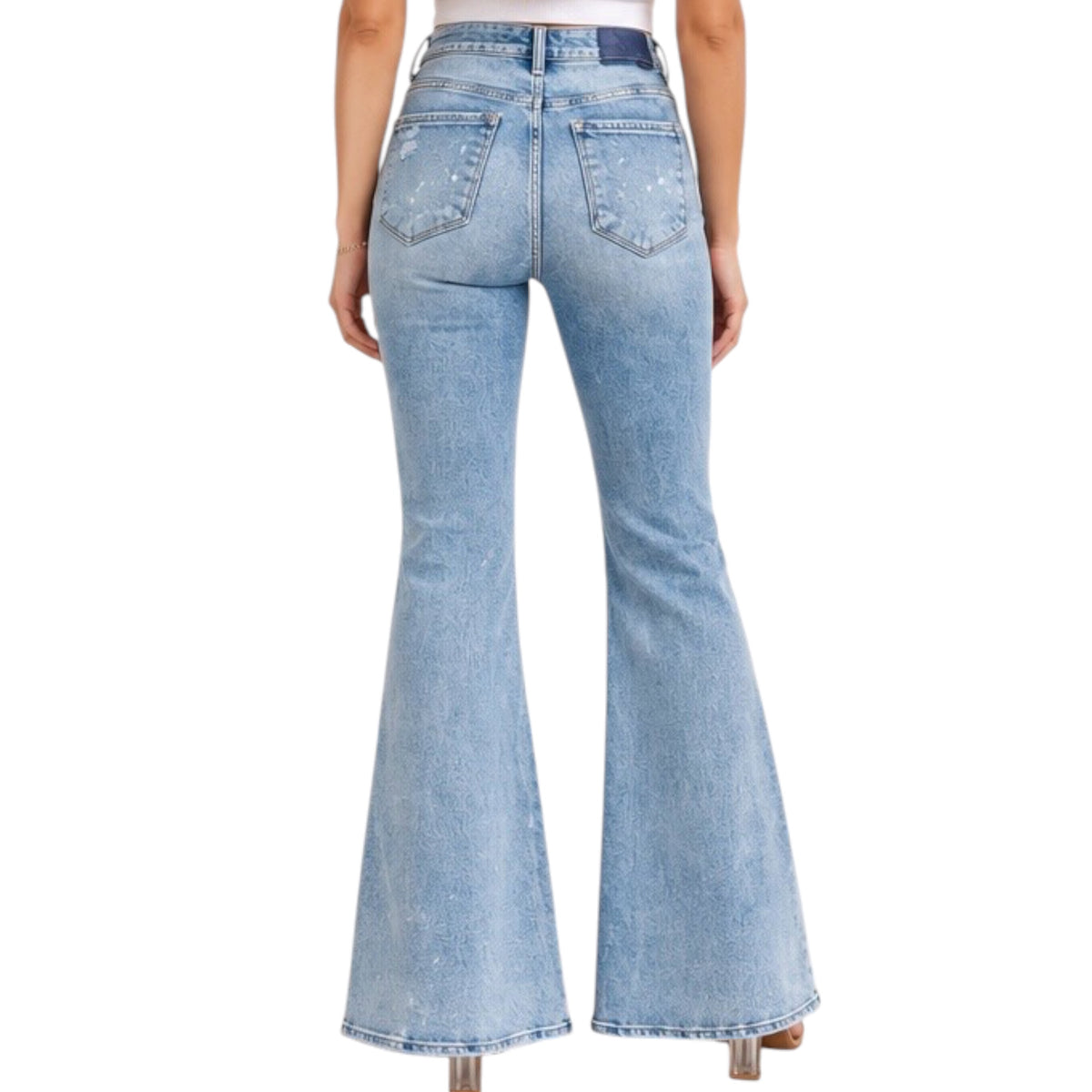 RISEN RDP5415 Light Wash Mid- Rise Flare- Button Down Jeans