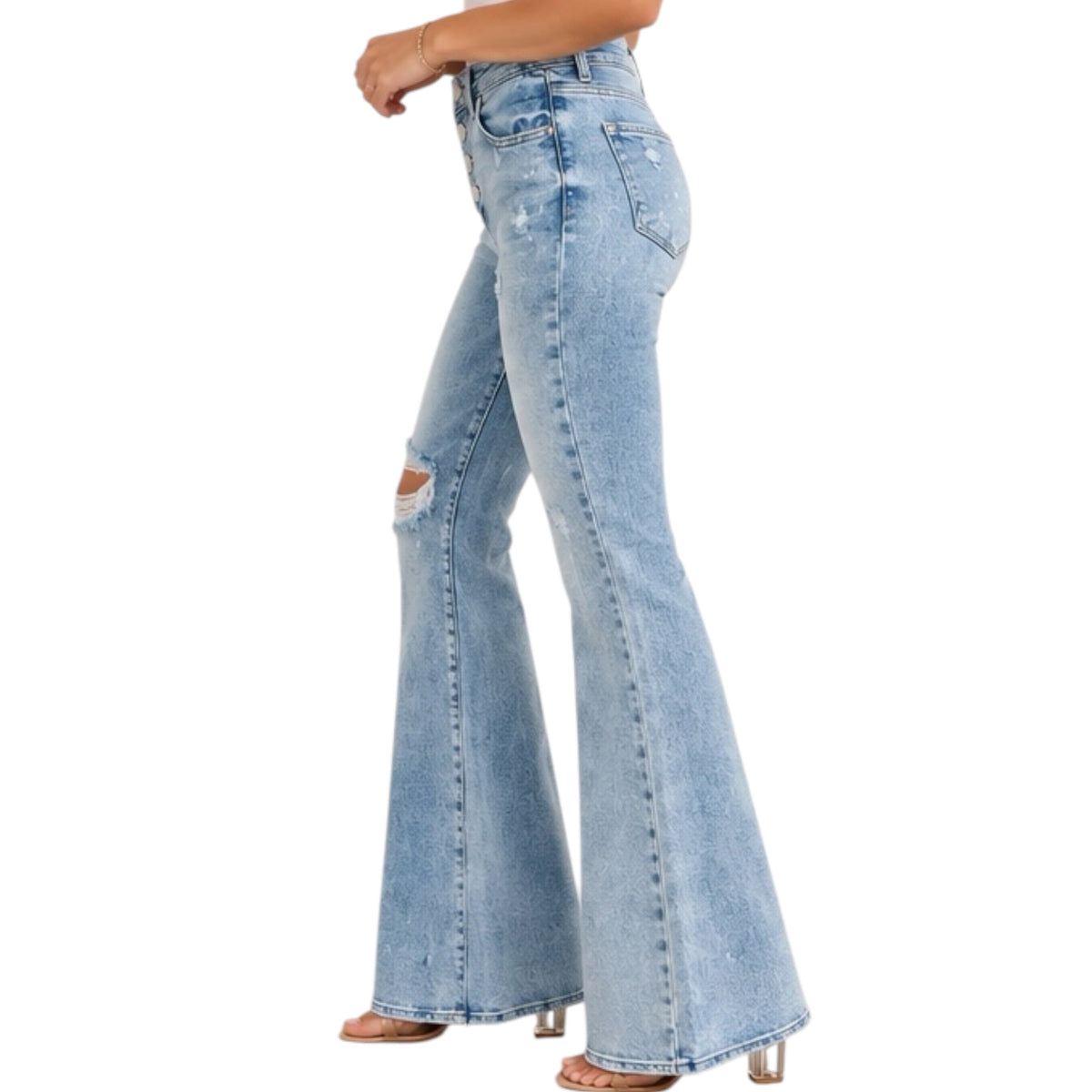 RISEN RDP5415 Light Wash Mid- Rise Flare- Button Down Jeans
