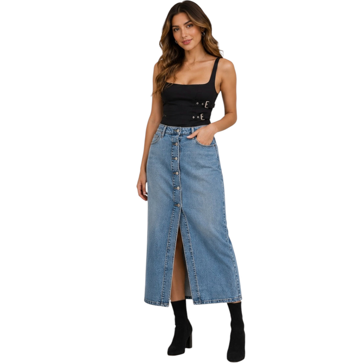 SP-S7531 Denim Comfort Stretch Button Down Maxi Skirt