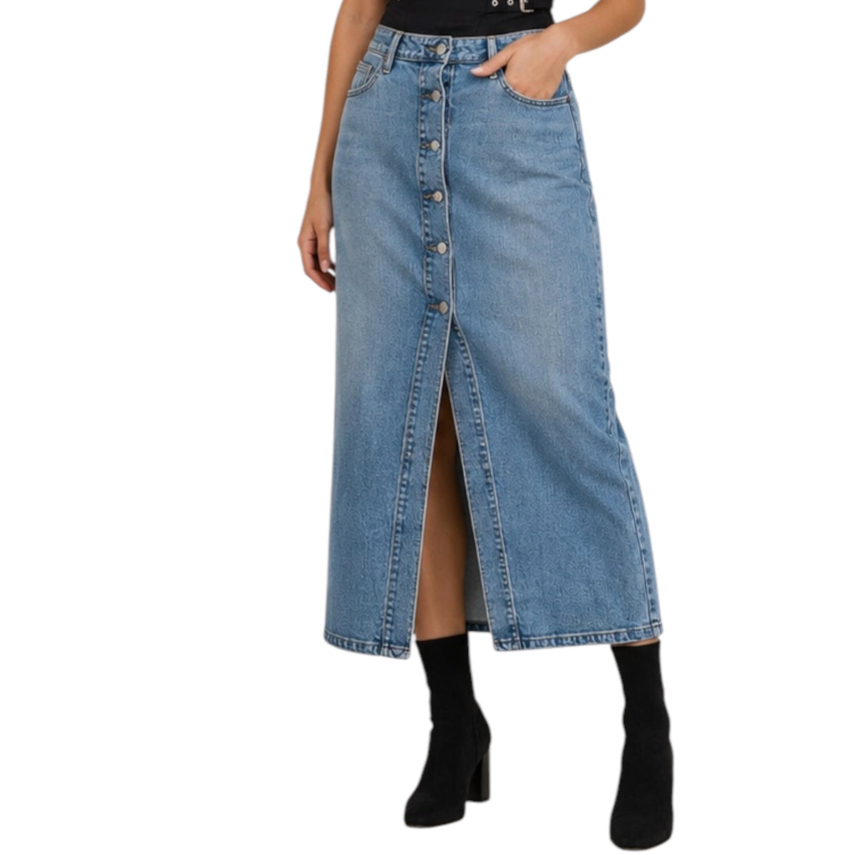 SP-S7531 Denim Comfort Stretch Button Down Maxi Skirt