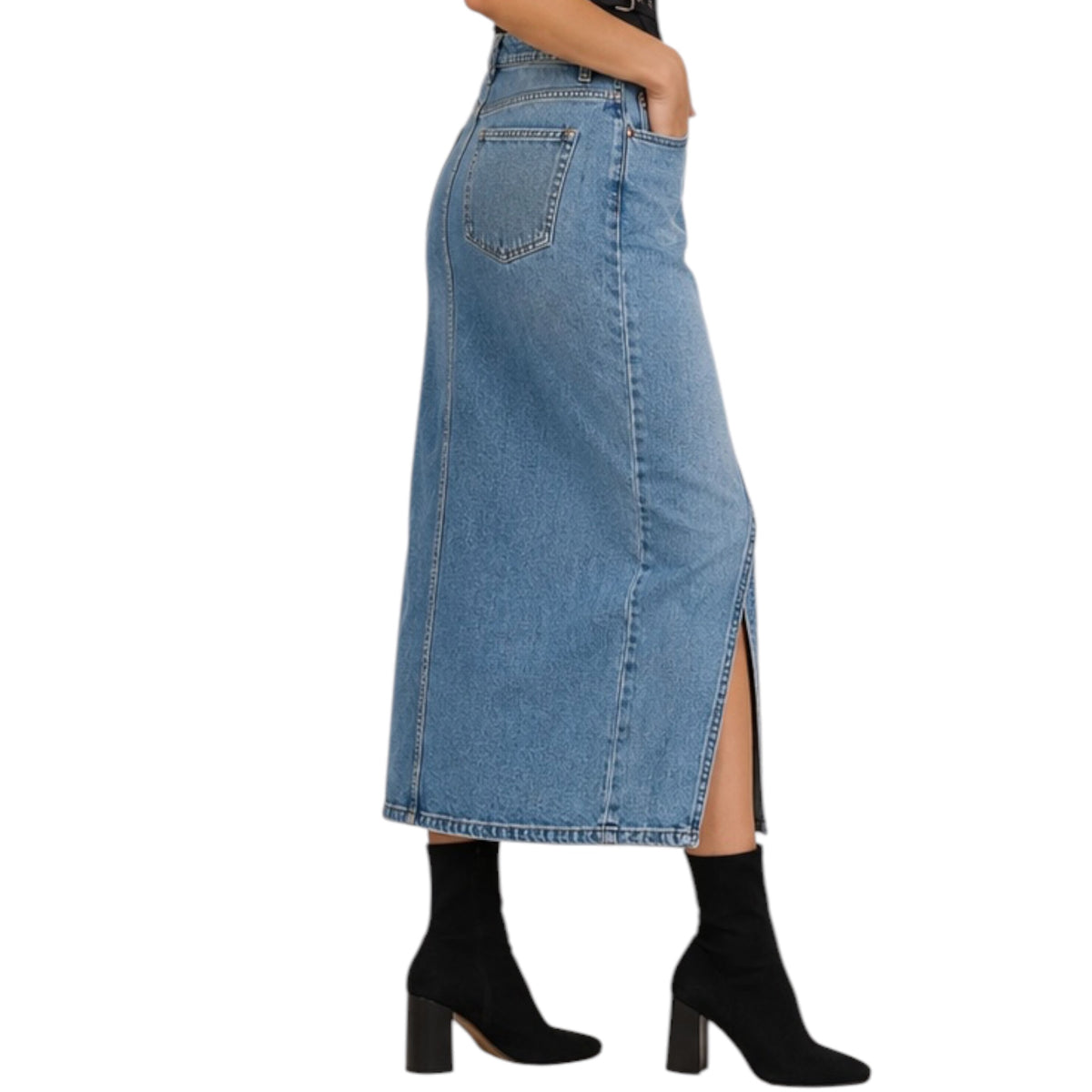 SP-S7531 Denim Comfort Stretch Button Down Maxi Skirt