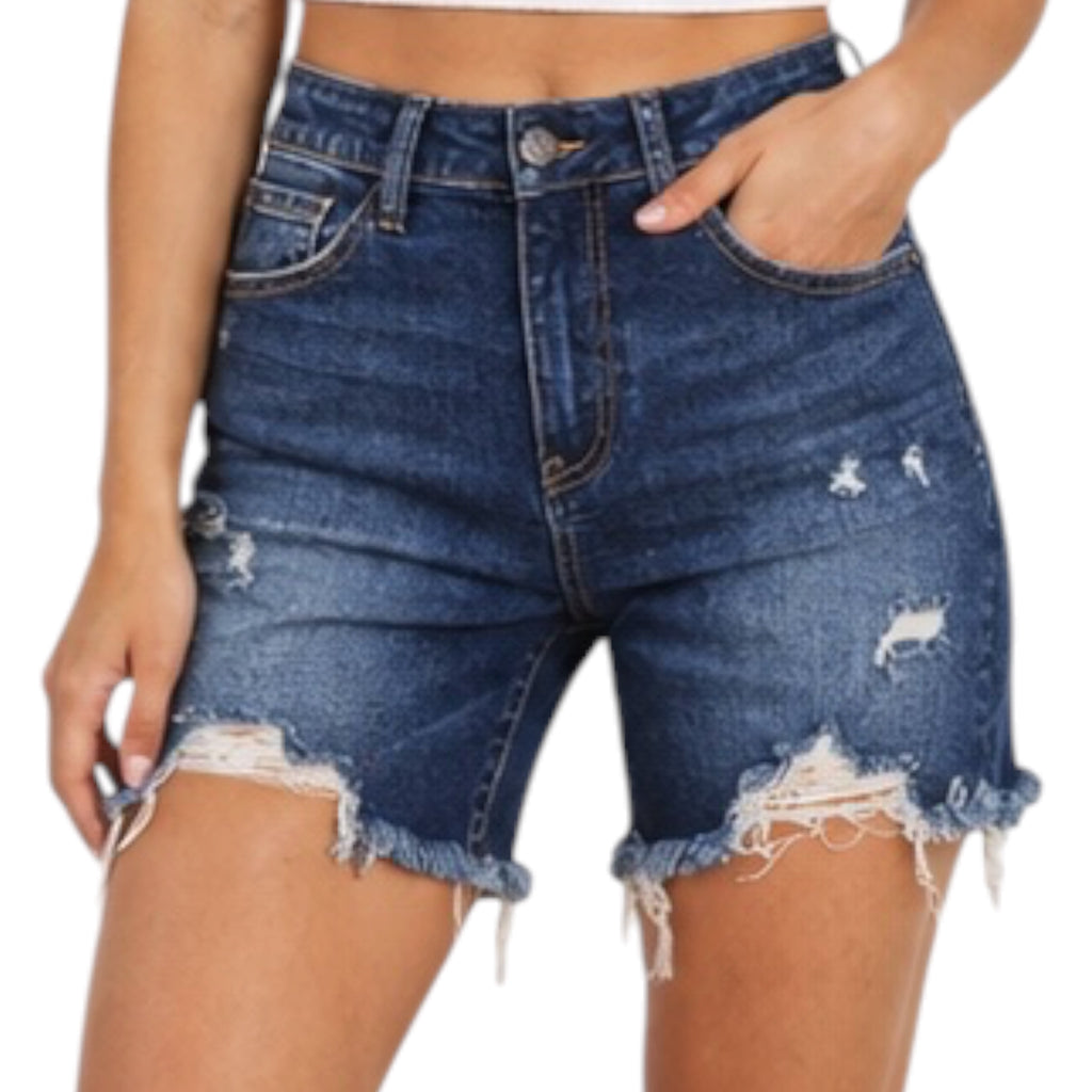 Risen Medium Wash High Waist Distressed Long Shorts RDS1052
